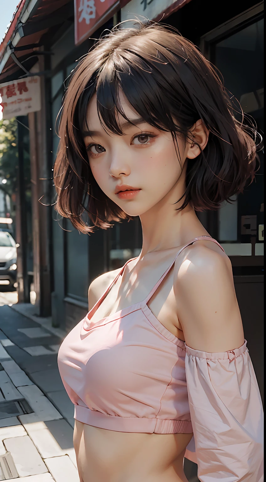 best qualtiy，tmasterpiece，超高分辨率，（fidelity：1.4），RAW photogr，1girl，Cropped crop top，Pink off-the-shoulders，cinmatic lighting