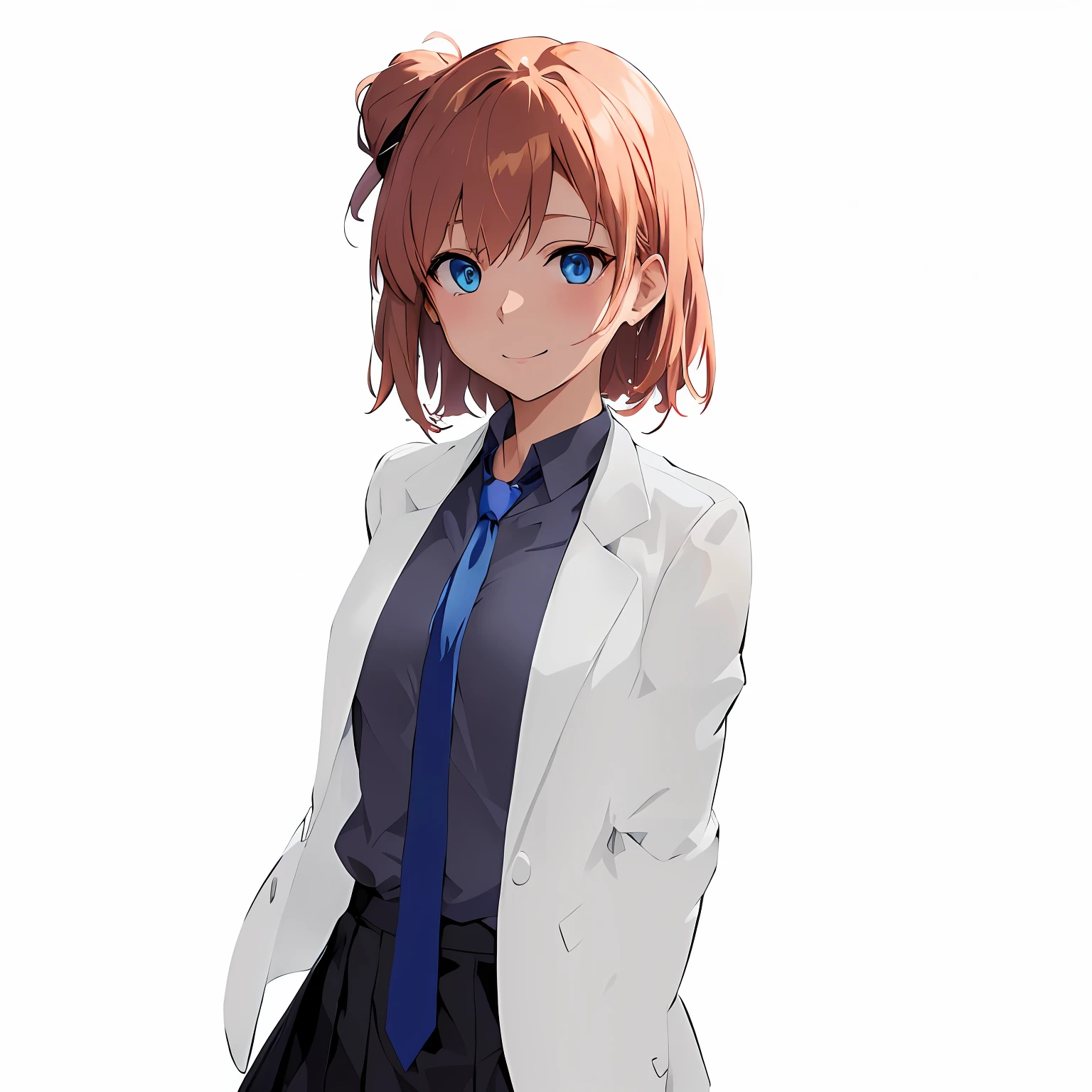 Blue eyes、a smile、Anime girl in white jacket and blue tie poses for photo, Female protagonist 👀 :8, makoto shinka, Official Character Art, sayori, Makoto, render of april, Anime visuals of cute girls, with white coat, anime moe art style, a female anime character, Female protagonist, ( ( character concept art ) )