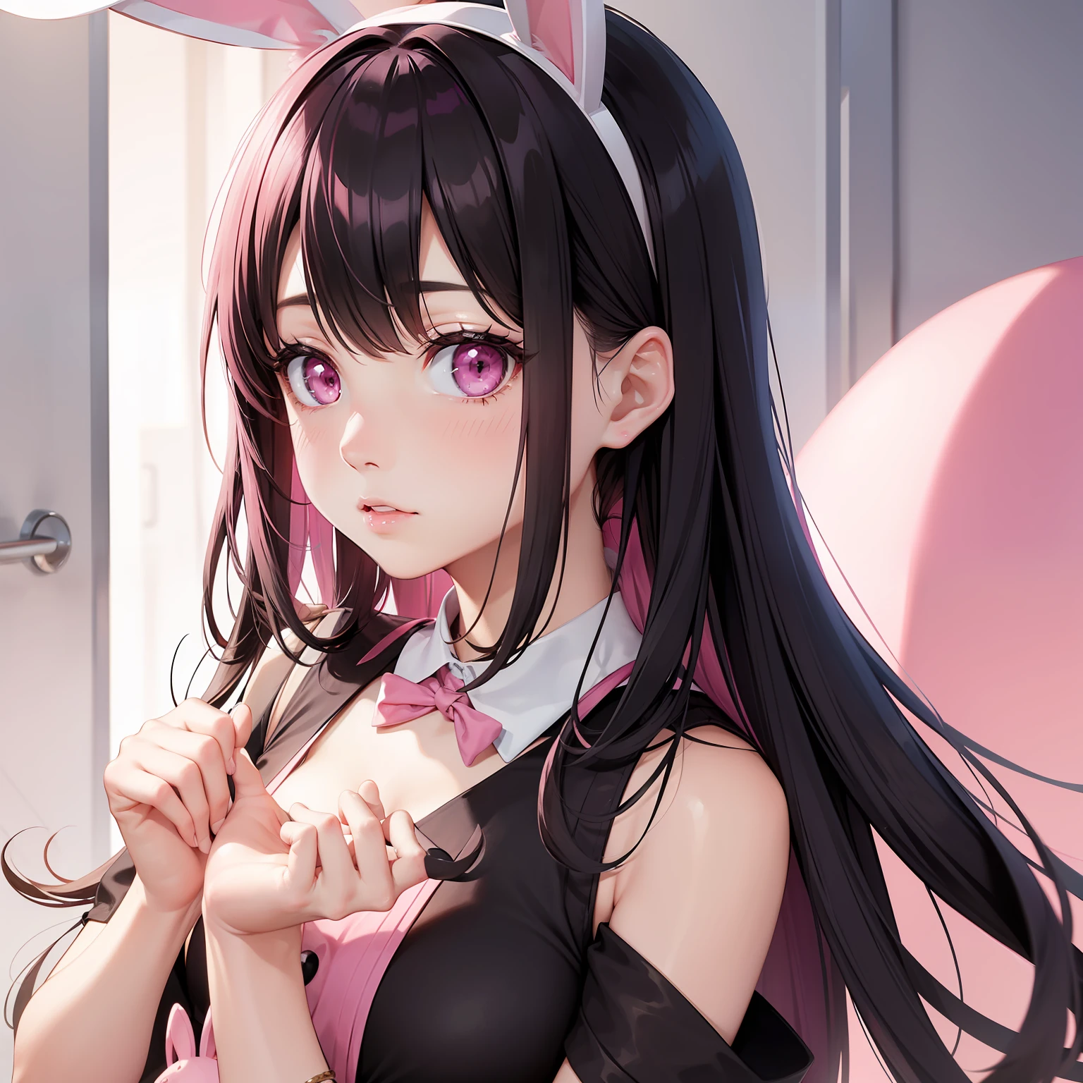 a women, pink bunny ears, black hair, pink eyes, pink dress