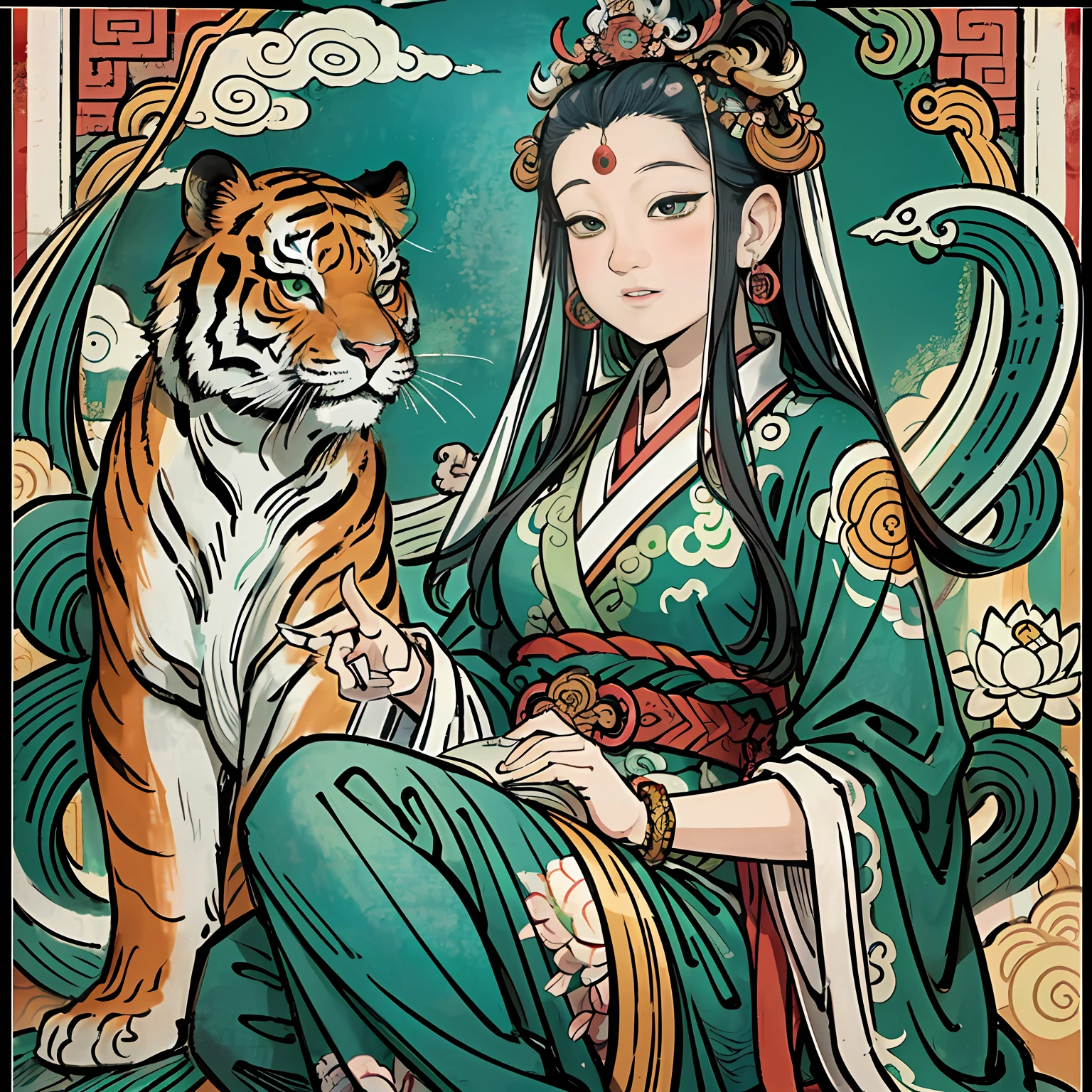 an ancient Chinese goddess, guanyin of the southern seas, Guanyin, Inspired by India, Avalokiteshvara rides a tiger，,Serene expression,shui mo hua,Buddha,Buddhist,Lotus,Chinese painting style,Thangka style