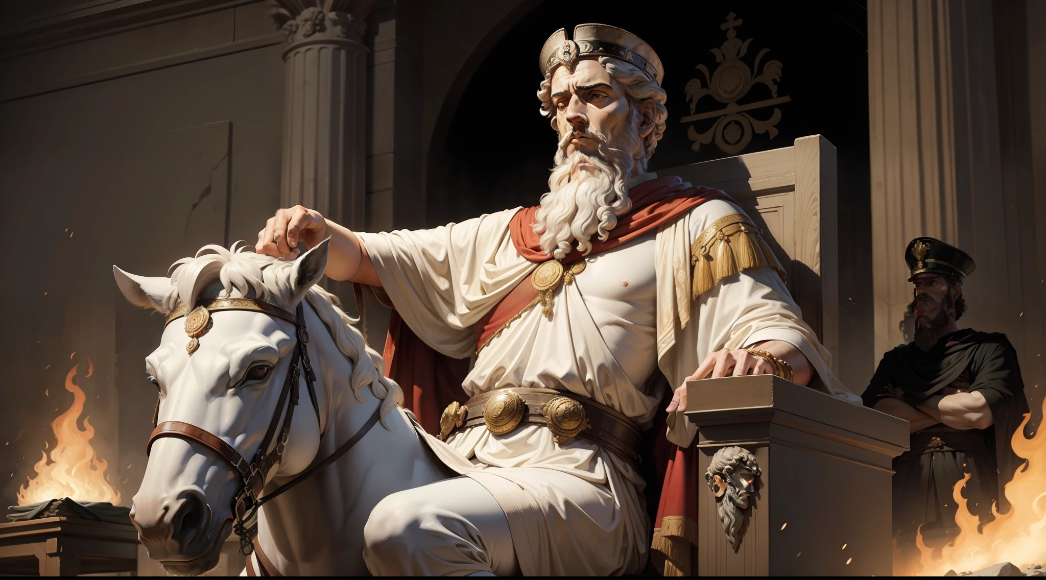 A serious painting of Roman Emperor Marcus Aurelius in stoic meditation on a military campaign