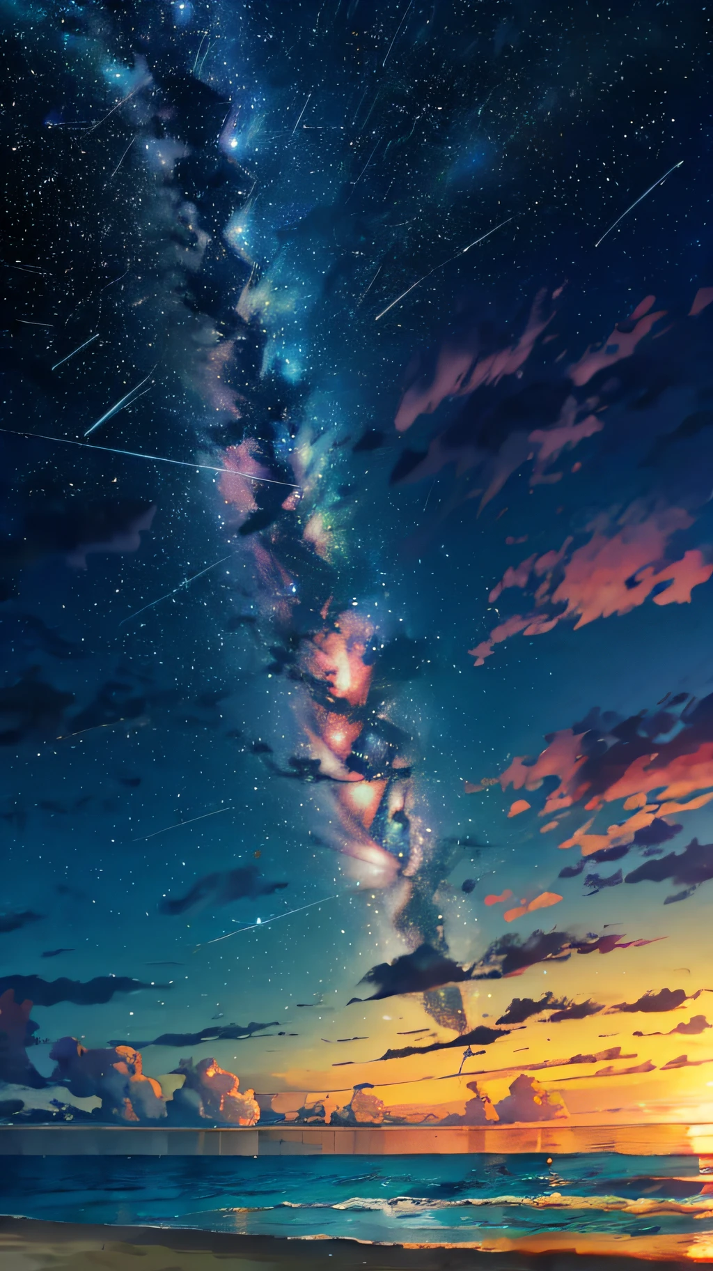 (zoom:1.1), (meteor shower:1.2), (comet:1.1), low angle, arora borealis, shooting star, top quality, masterpiece, clouds, colorful, southeast Asian beach, summer, seascape, small islands