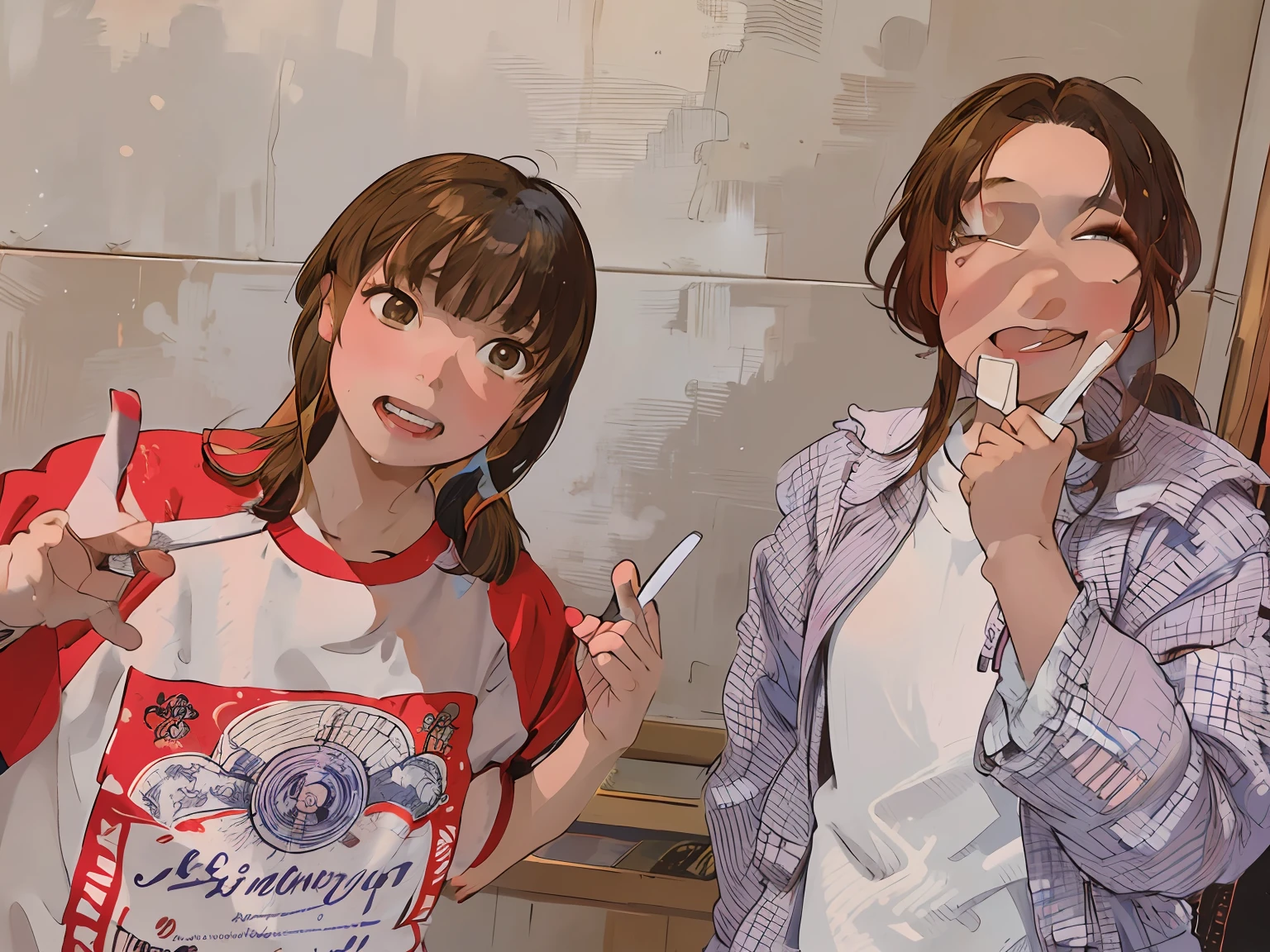 They are two women taking pictures in a room, yoshitomo nara and aya takano, 🚿🗝📝, exclusive, sun yunjoo, ayami kojima and lyde caldwell, 🪔 🎨;🌞🌄, by Oka Yasutomo, Happy!!!, with an intricate!!, chiho, narumi kakinouchi
