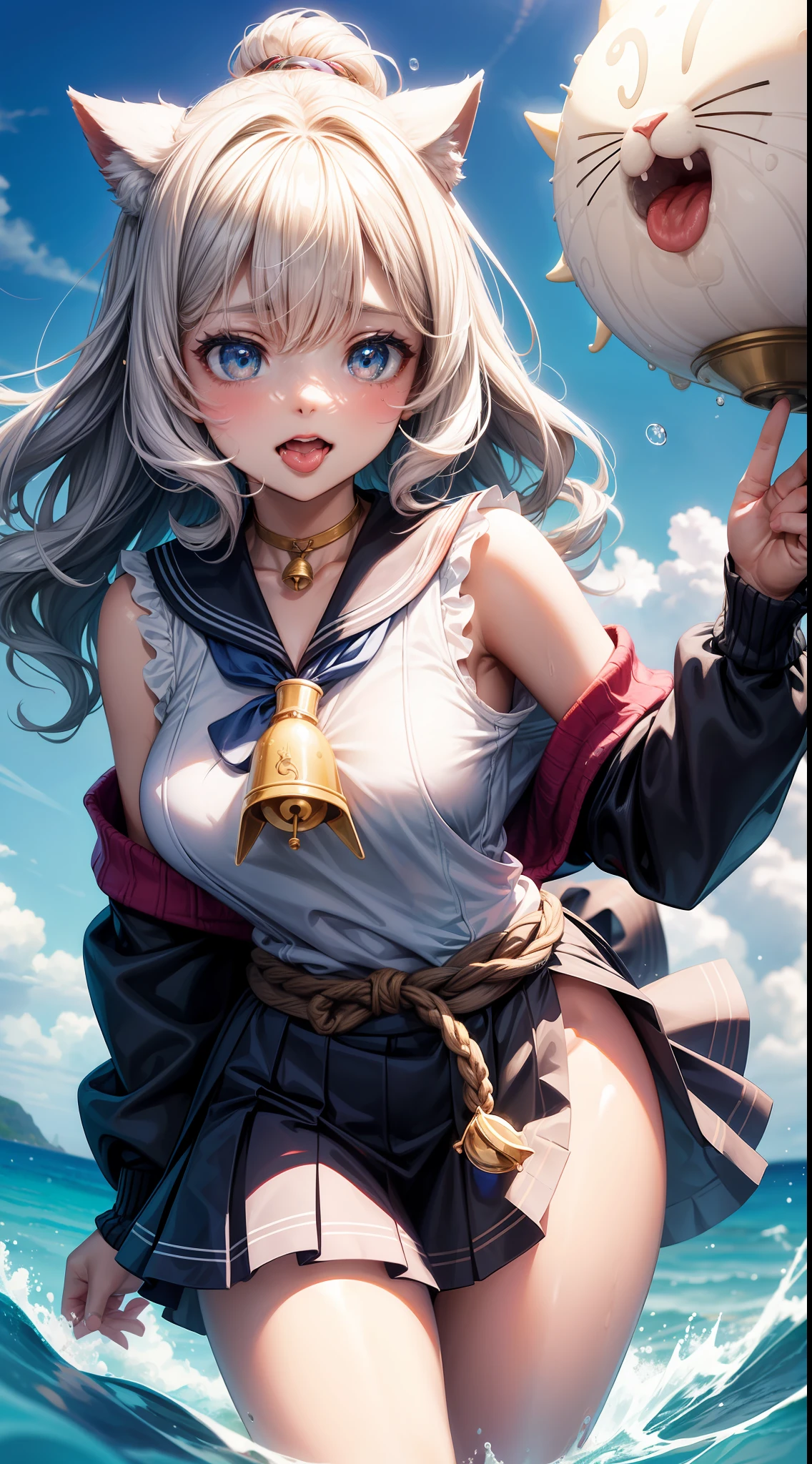 (Sailor tights,Cardigan,curlies),closeup of face,Woman,Very wide open mouth,Stick out your tongue,drools,The liquid flows down,Flushed face,messy shortt hair,Milky viscous liquid,Milky viscous liquid,Holes,bunnygirl,obi strip,Anterior convex and posterior,Off-the-shoulder sleeveless T-shirt,Lace skirt,The bell is tied around the waist,Liquid runs down the tongue,nsfw