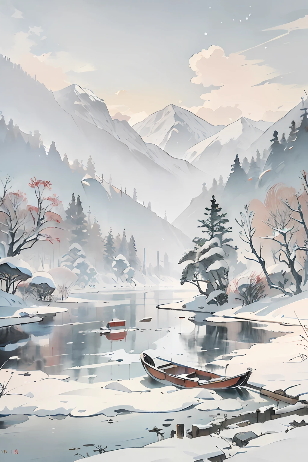 （tmasterpiece，best qualtiy：1.2），Tradition Chinese Ink Painting，near a river，Lonely boats，Fishing alone in the cold river snow