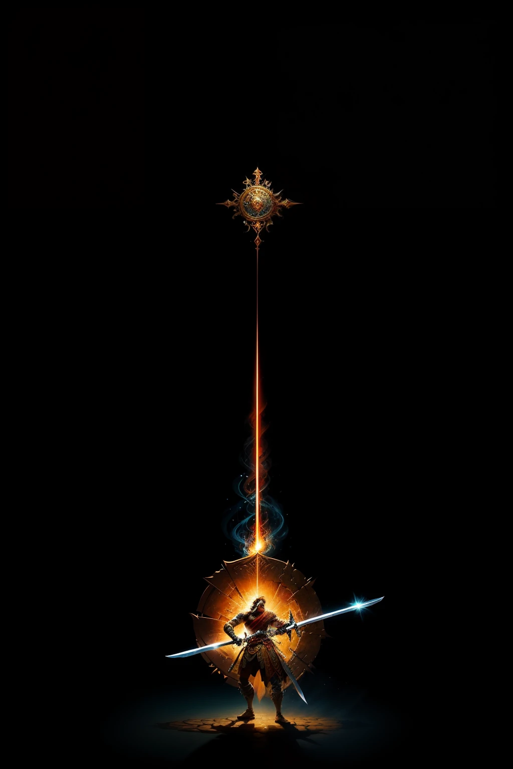 Por favor, create an image that represents the fusion of epic sagas and messages from the Bible for the 'Sagas and Verses' channel. The image should show one wielding a sword on an epic journeyelements that symbolize spirituality, como um rolo de pergaminho ou um livro aberto.