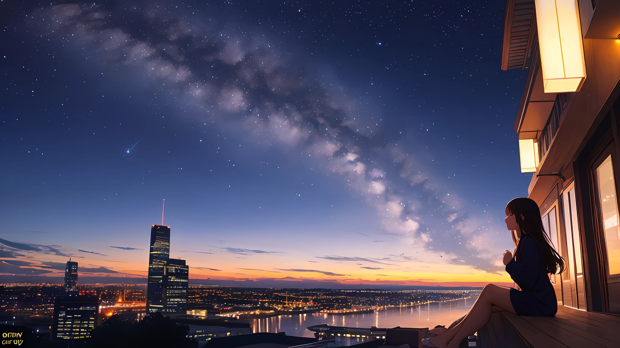 octans, sky, star (sky), scenery, starry sky, night, 1girl, night sky, solo, outdoors, building, cloud, milky way, sitting, tree, long hair, city, silhouette, cityscape