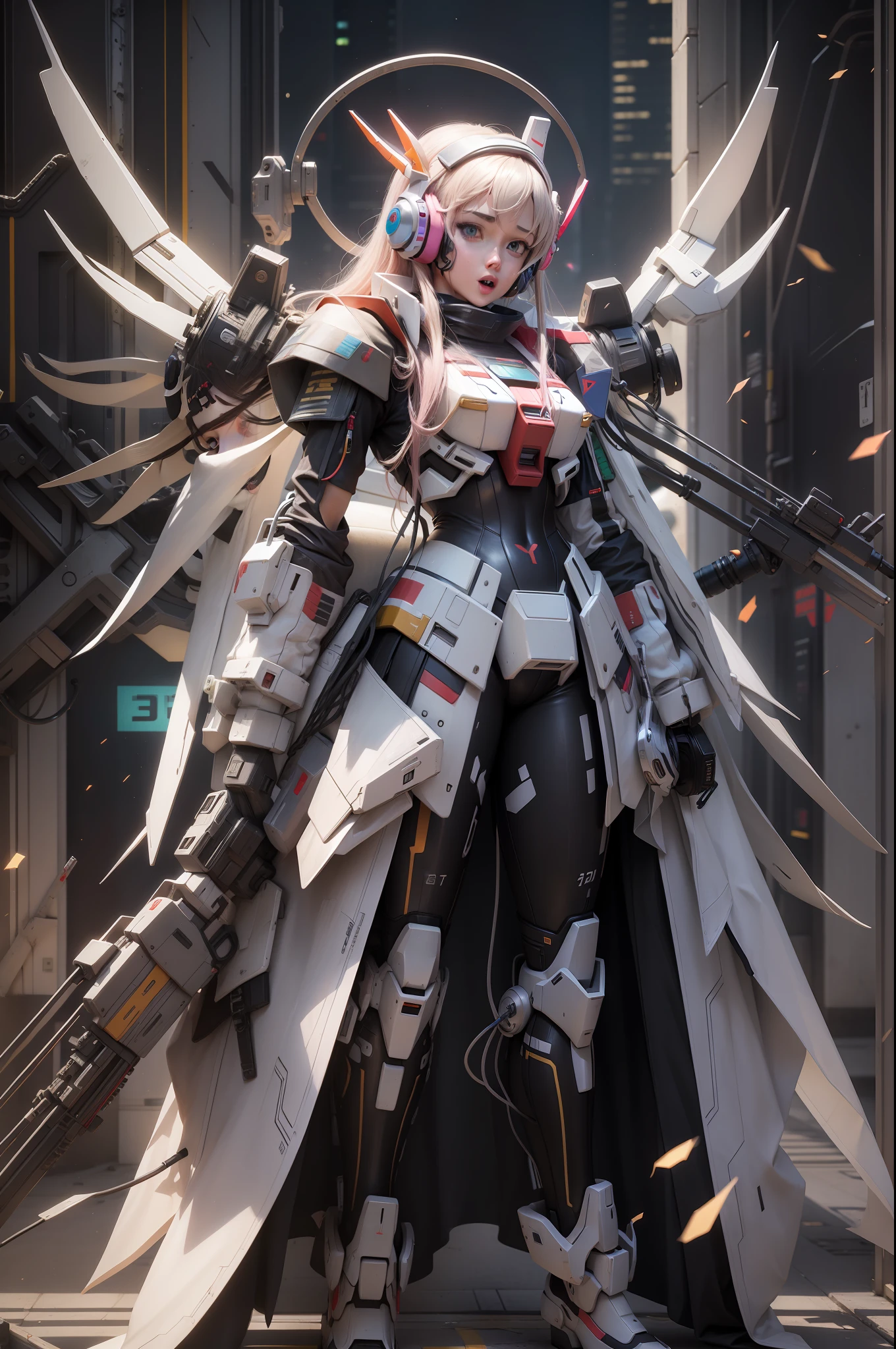 Female, real, 3d, Gundam, neon, headphone, tied hair, future mouth mask