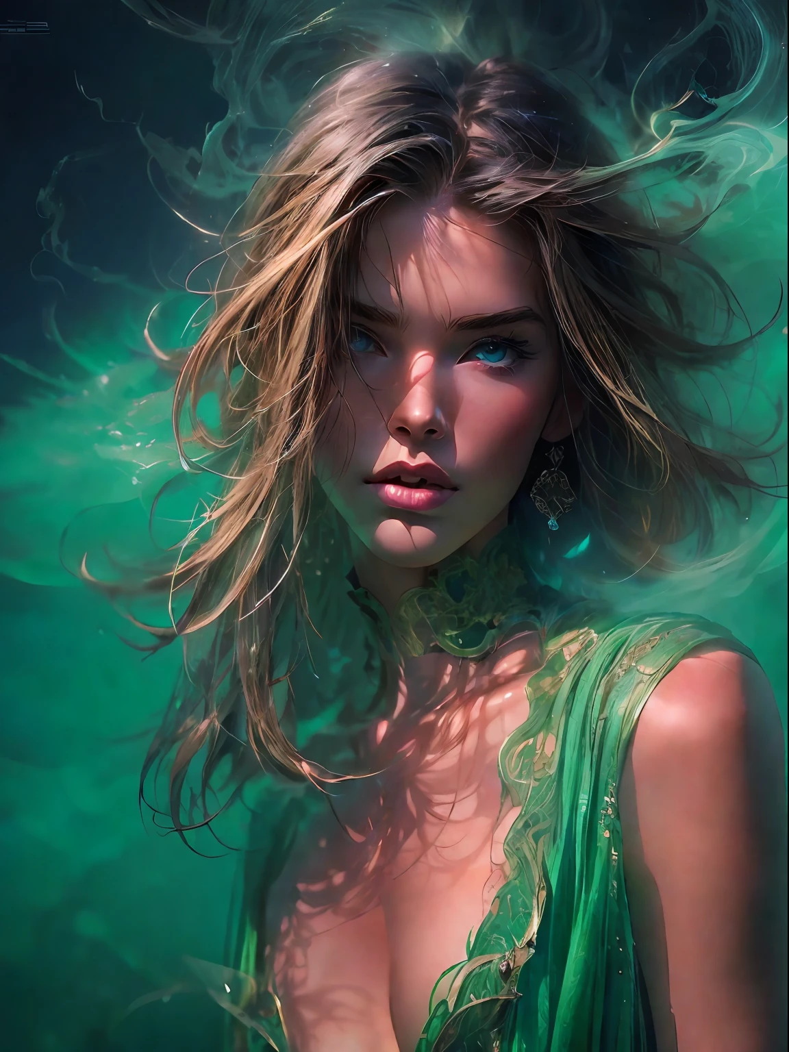 HighestQuali,tmasterpiece:1.2,Detailed details,Canon 5D, Magazines, editorial, Full archival shooting, Photo realism, young blonde woman,Portrait of supermodel Alessandra Ambrosio,with fair skin,Supermodel, Accurate, Green smoke from hair, Blue smoke background, Soft red and blue light, The whole body walks in the fog from head to toe, ultra-detailliert, Photography