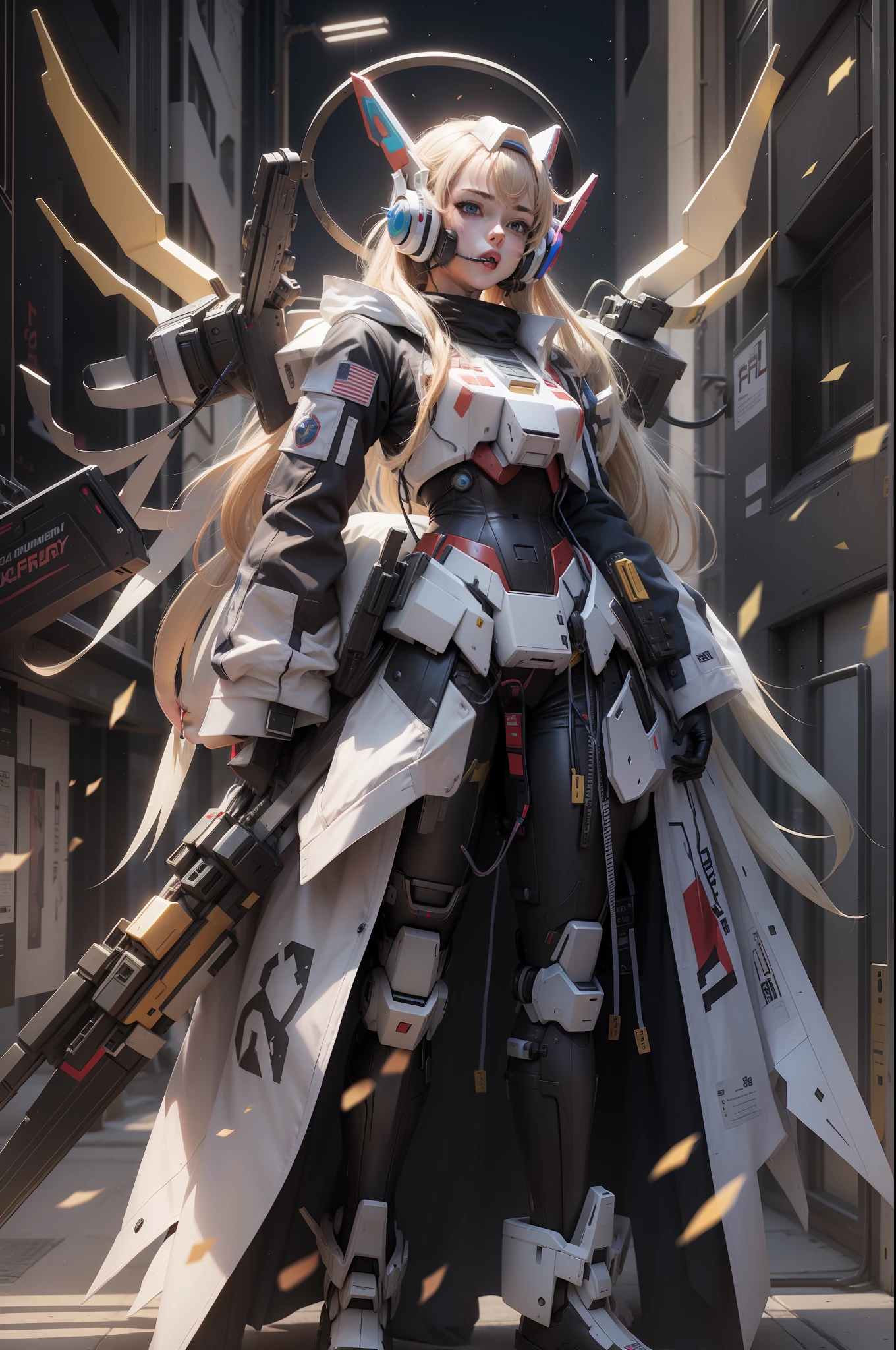Female, real, 3d, Gundam, neon, headphone, tied hair, future mouth mask