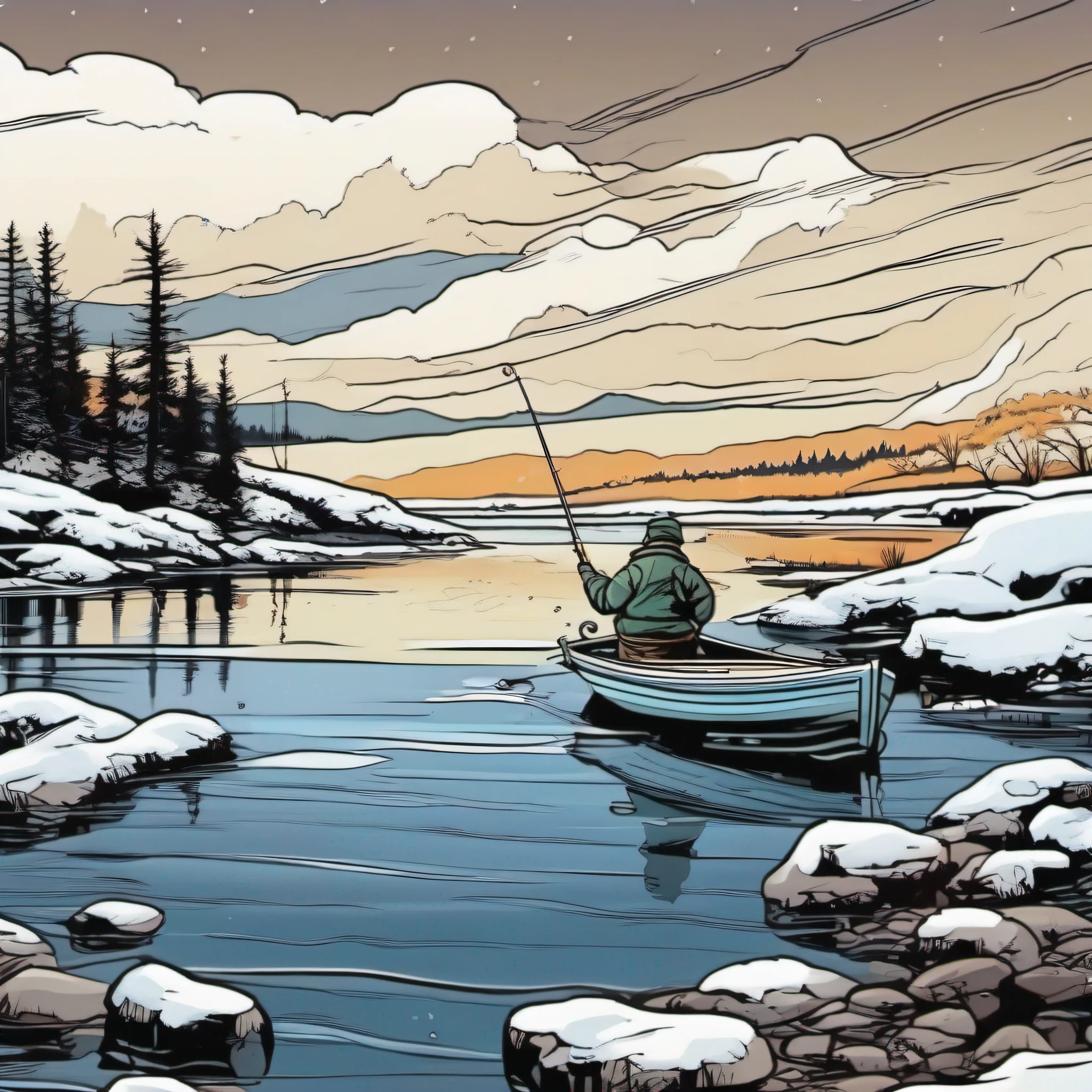 Lonely boat, fishing alone in the cold river and snow