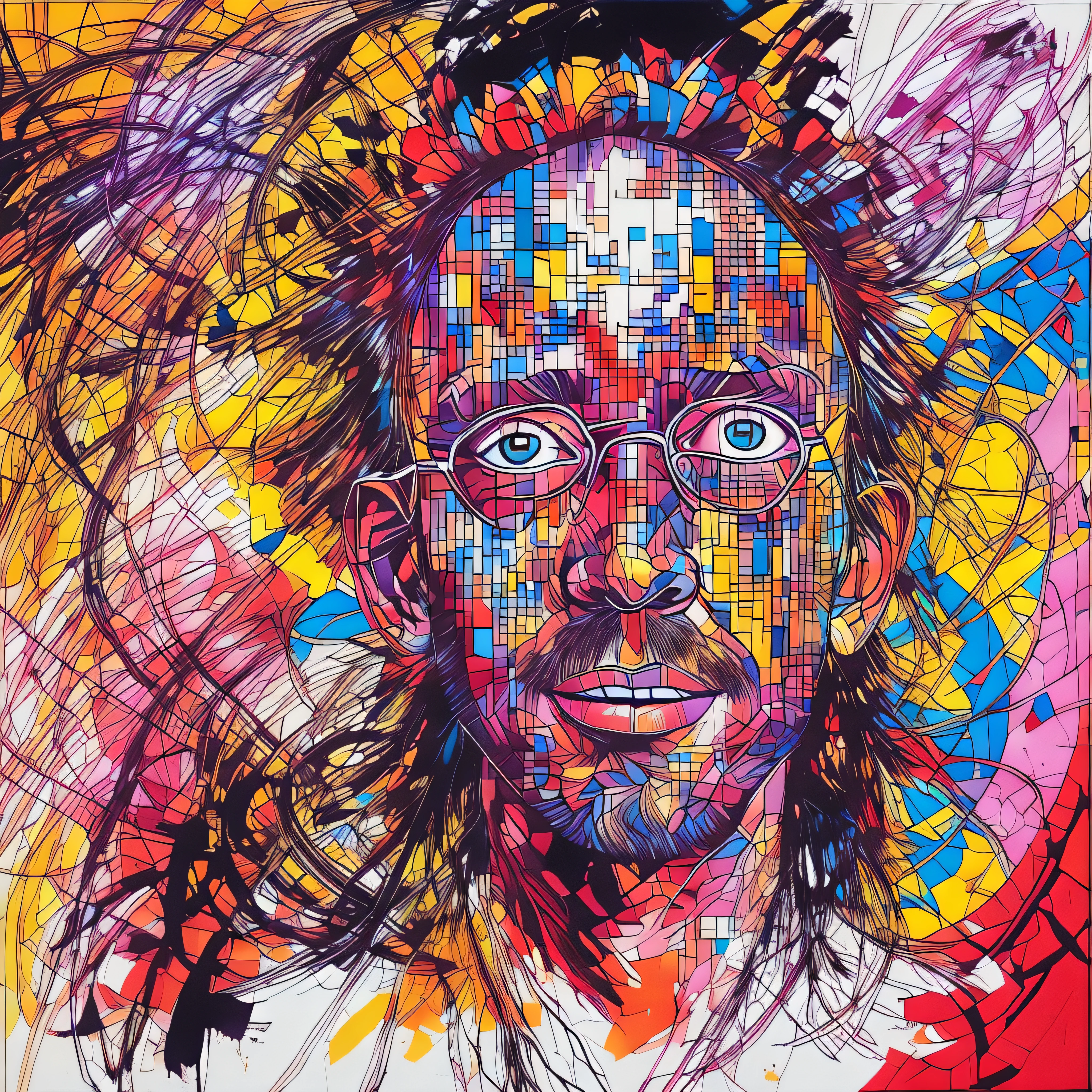 Painting of a man with glasses and a colorful headdress, Anton, Retrato feito de tinta, Retrato punk feito de tinta, inspirado em Sandra Chevrier, Sandra Chevrier : : retrato, retrato africano Jesse Pinkman, neo expressionismo arte, Kenny Scharf, retrato cores felizes, Many variations of Thom Yorke, arte deslumbrante, estilo neoexpressionista