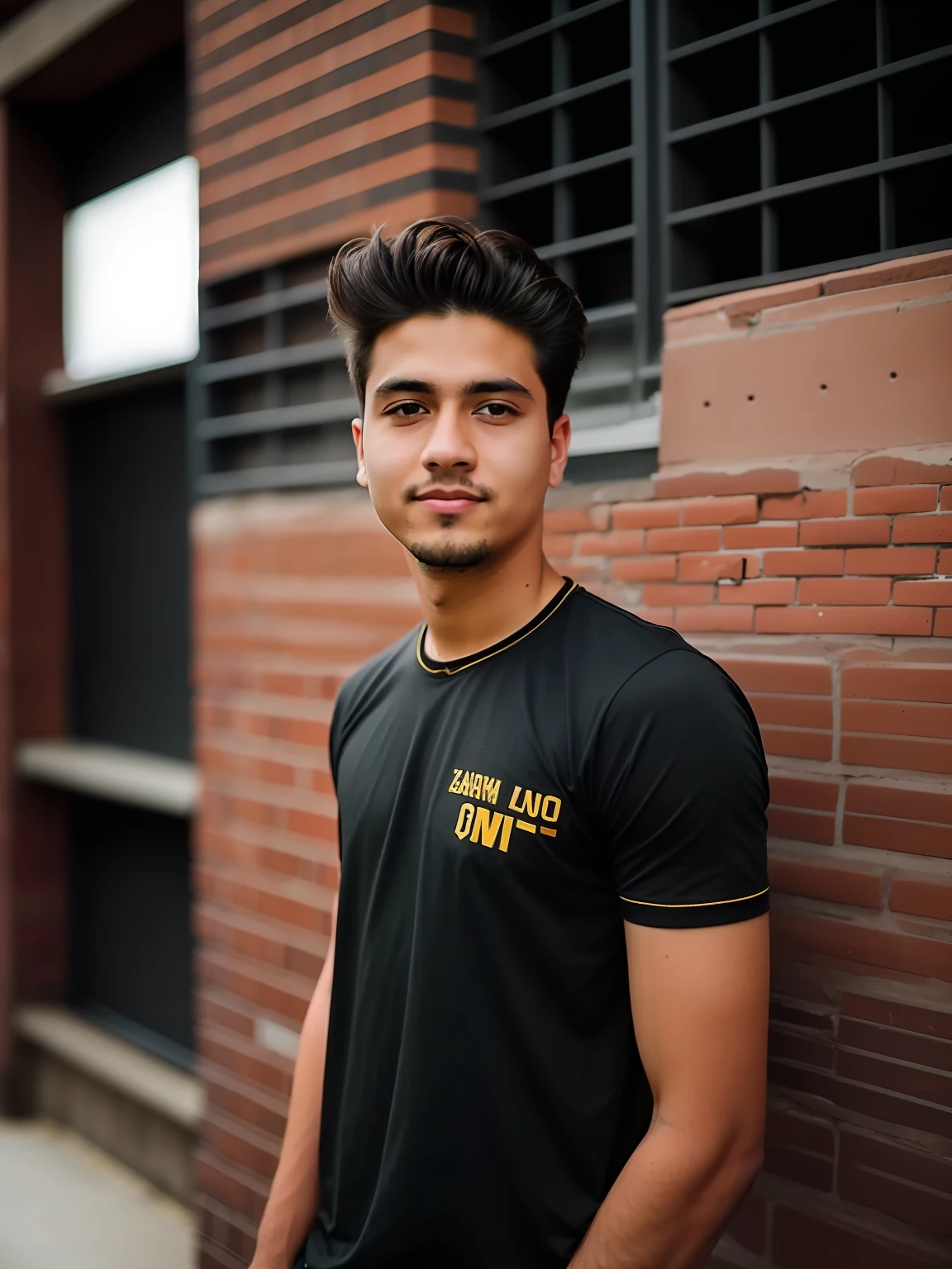 there is a man standing in front of a brick wall, with accurate face, taken with sony alpha 9, without beard, around 1 9 years old, taken with canon 8 0 d, he is wearing a black t-shirt, without helmet, very very low quality picture, candid picture, taken with canon 5d mk4, shot on nikon z9