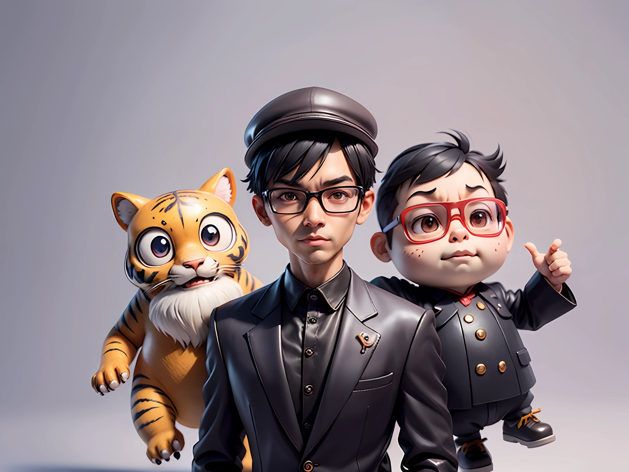 Young man with oriental face in leather hat, tiger, oriental face in formal suit, short black hair, silver glasses, digital painting, 3D character design by Mark Clairedon and Pixar and Hayao Miyazaki and Akira Toriyama, the illustration is a high-definition illustration in 4K resolution with very detailed facial features and cartoon-style visuals.