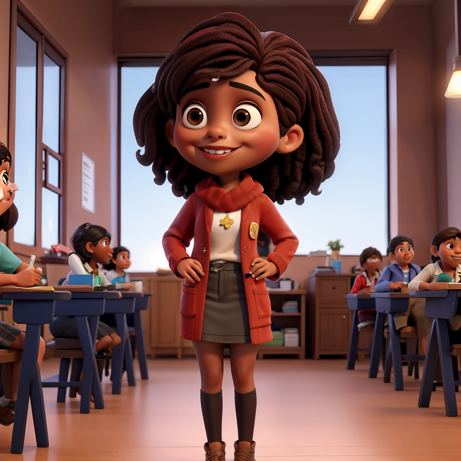 close-up de uma morena:2 em...........3d, coffee-colored skin:2, with a microphone in your hands, Chibi Digita | | | ,obra-prima, de melhor qualidade, uma meninamarrom:2, Girl going to school wearing a red coat and black scarf, standing in class, dando tchau