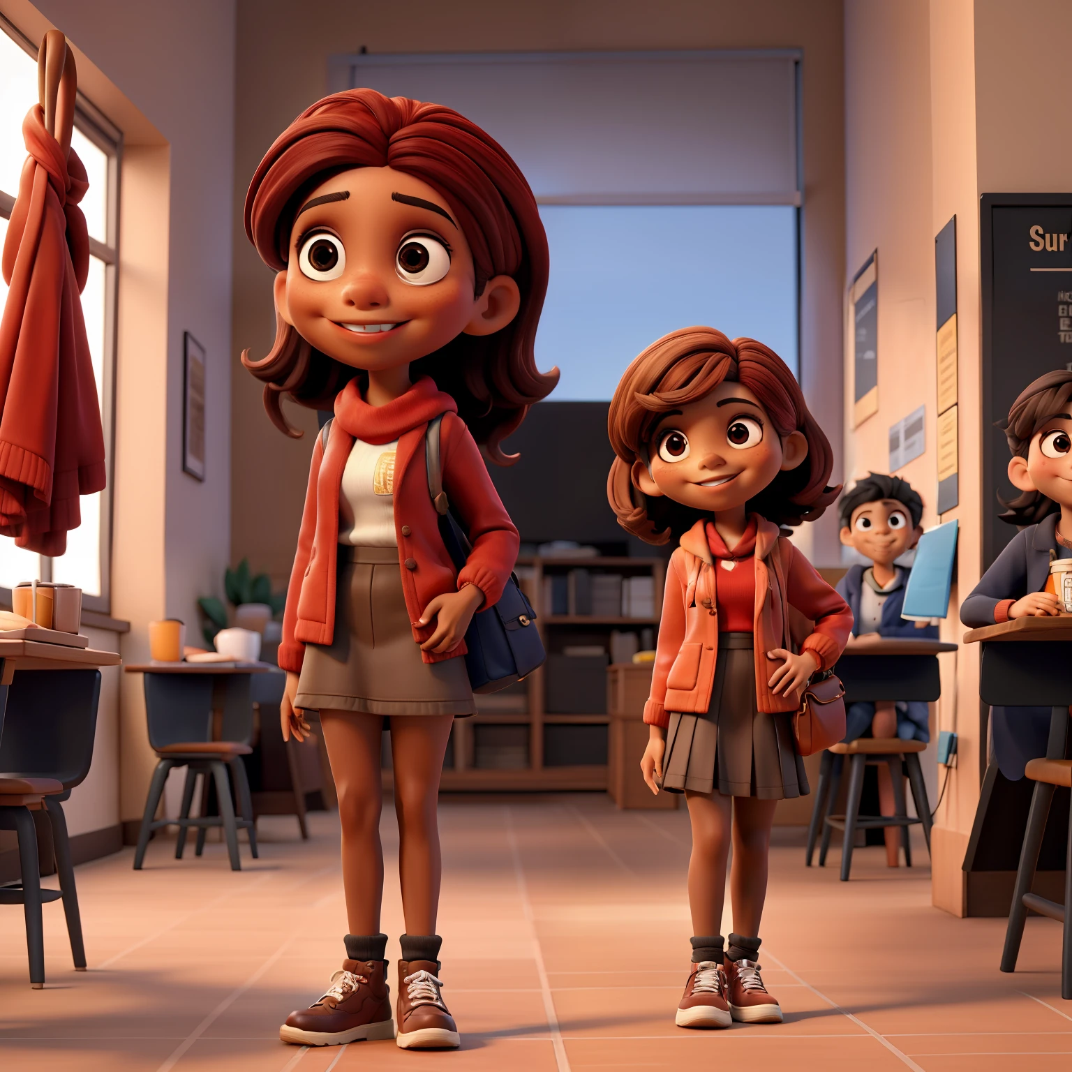 close-up de uma menina morena:2 em...........3d, coffee-colored skin:2, with a microphone in your hands, Chibi Digita | | | ,obra-prima, de melhor qualidade, uma menina pele marrom:2, Girl going to school wearing a red coat and black scarf, standing in class, dando tchau