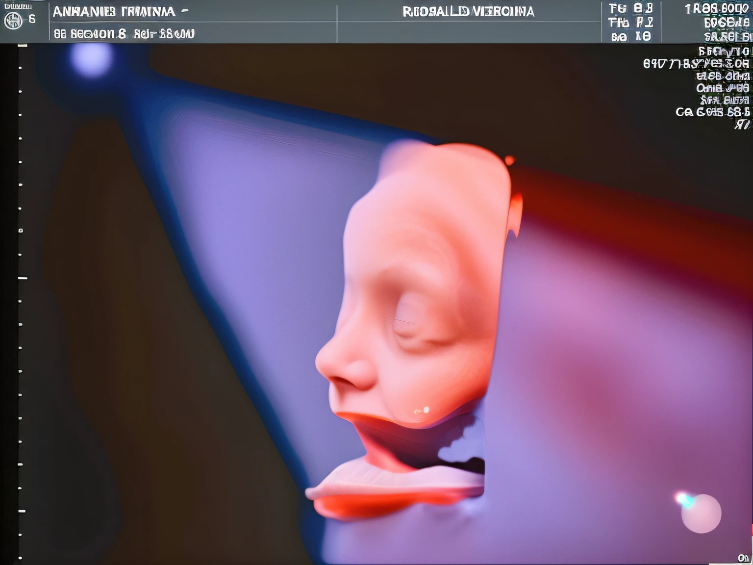 Enhance this 4D ultrasound image of a 24 weeks fetus. Arafed image of a baby's face, fetus, high-resolution scan, Very chromatic aberration, extremely high-quality scan, Hyper-realistic simulation, high-quality scan, Bump mapping, High-quality 3D realism, simetry! human fetus, Realistic flesh texture, Heavy JPEG artifact blurred, Highly realistic bump mapping, high-resolution scan. A close-up image of a head with an image of a 24 baby, high-resolution scan, high-resolution scan, Escaneo 4K, Escaneo 4K, Escaneo HD, fetus, Cerrar - IP shot, Tapa de pantalla, Medical imaging, Highly coherent image, Detailed analysis, screen capture, extremely high-quality scan, 8K scan, 8K scan, Detailed screen capture. face in profile. eyes closed