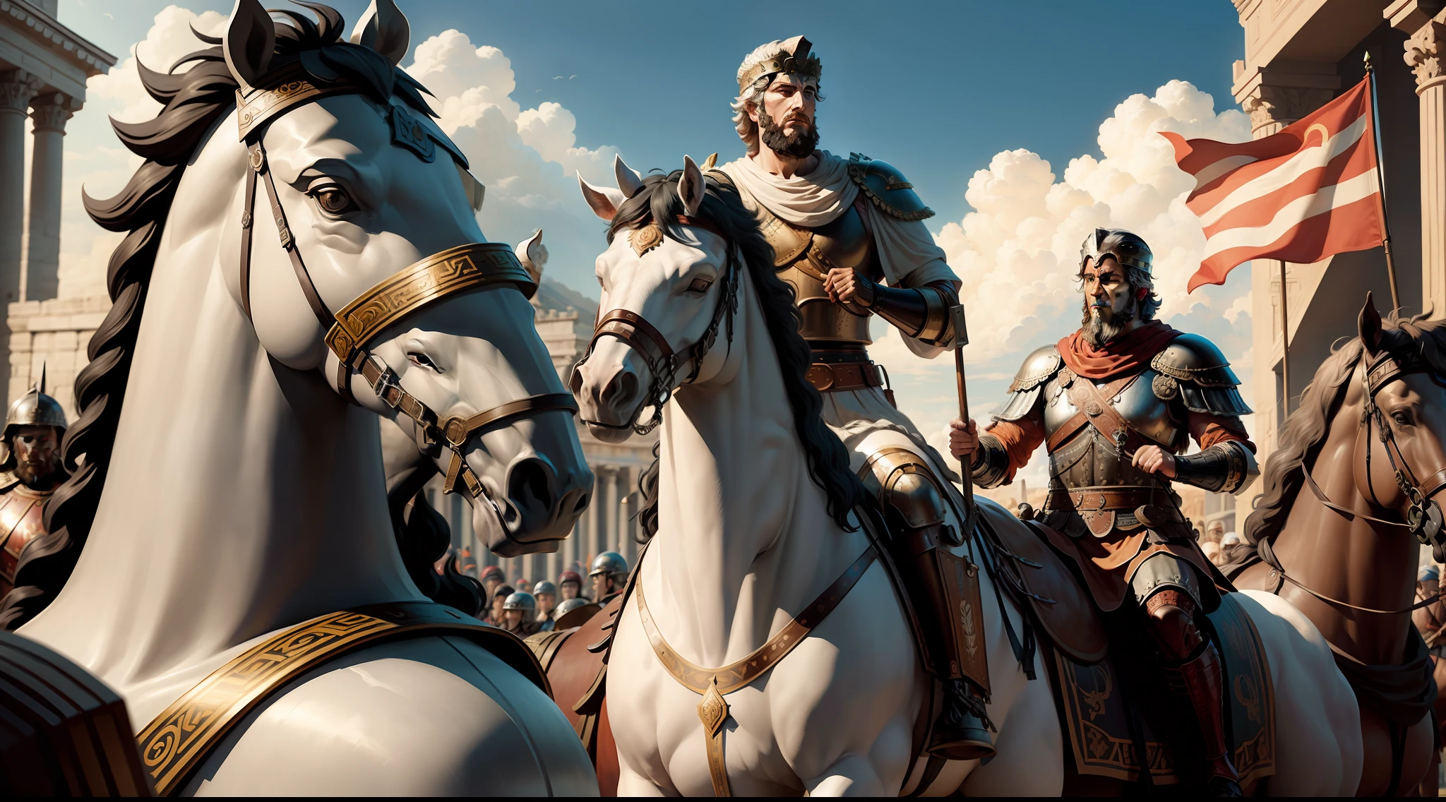 Marcus Aurelius leading Roman legions into battle with stoic calm, digital art