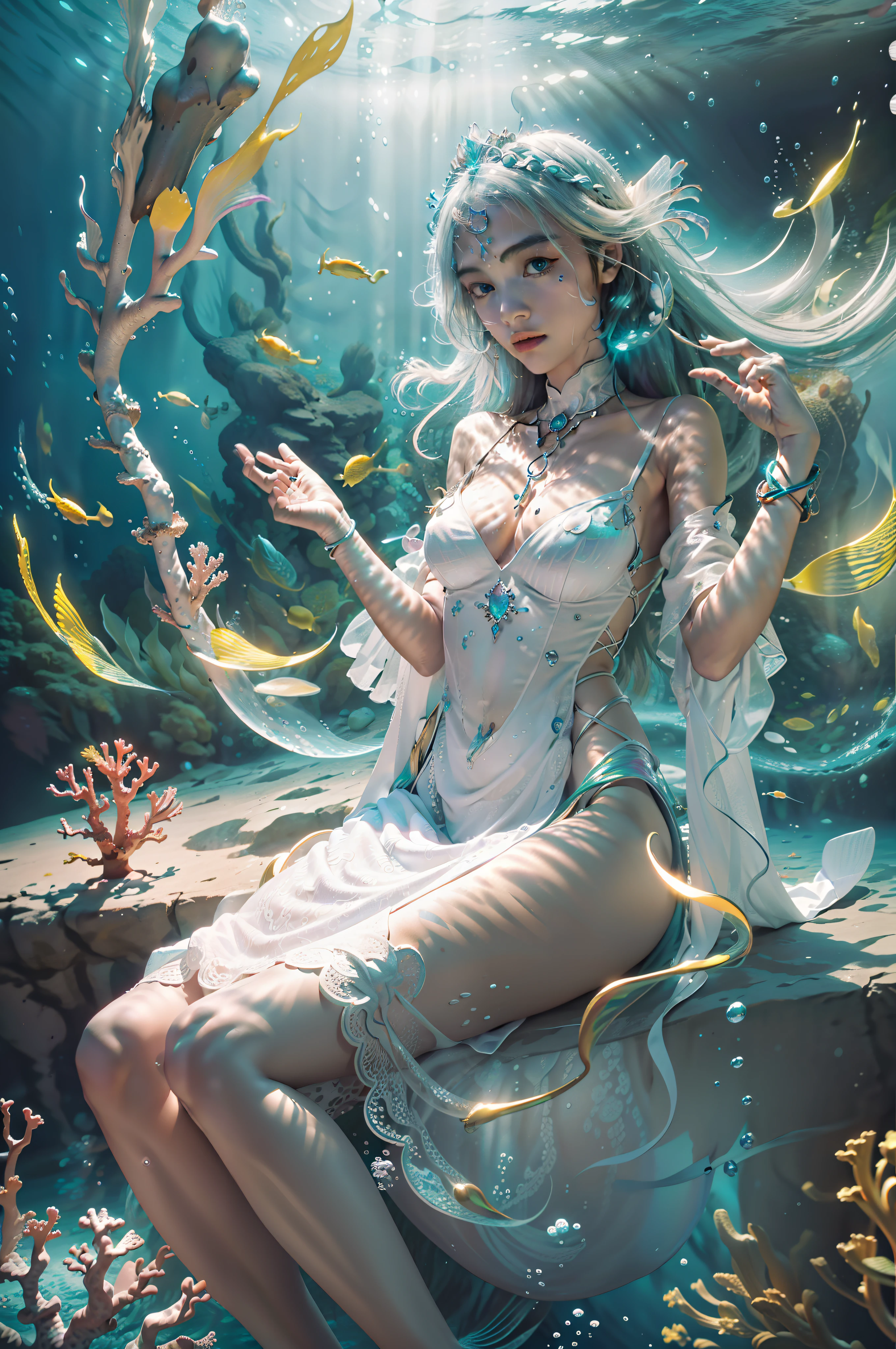 girl, 18 years old, small breast, wearing white dress, Flowing robes, detailed dress ornament, flowing hair, glowing hair, hair ornament, light on face, intricate magical circles, glowing runes, shimmering aura, intense focus, arcane incantations, crackling energy, levitating artifacts, ethereal staff, swirling mist, sparkling motes, mystical crystals, glowing sigils, intricate hand movements, otherworldly chanting, mysterious symbols, powerful invocation, transcendent awareness, phoenix dress, (underwater:1.8), (white dress, Iridescent rainbow hair:1.55), (((water bubbles, colorful fish, beautiful coral life))), (detailed fabric, detailed ornament:1.4), fantasy, Haircut model by Side braid, possed is Lying down pose, sharp green, shooting angle is Rim lighting shot, time is Rim Light, BREAK hyper realistic, intricate design, insanely detailed, extremely fine details, Extremely sharp lines, cinematic lighting, Photo realistic, a detailed painting by Esao Andrews and Anton Fadeev, Raw photo, high detailed, 8k, UHD, dslr, softlighting, HDR, warm light, high quality, film grain, fujifilm XT3, photorealistic, masterpiece, best quality, hyper-detailed, 8K, warm lighting, soft lighting, masterpiece, best quality, detailed, highest quality, ultra detailed, highres, cinematic light, splendid and colorful, out of focus, RAW photograph, art portrait, absurdres, high contrast, colorful, highest details,