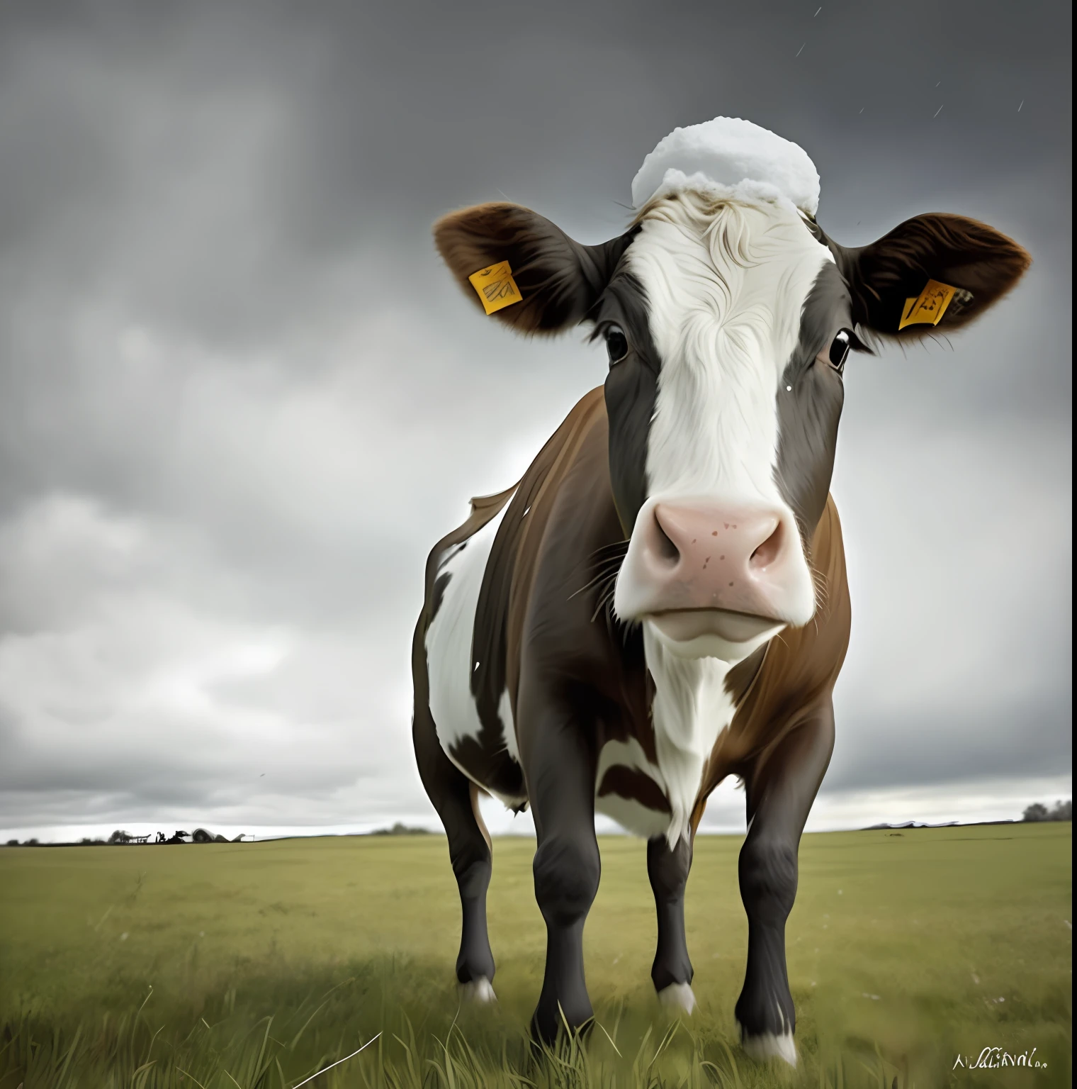 There is a cow that is standing on the grass with snow on its face, arte digital animal foto, vaca, Bovina, retrato animal, fotografia altamente realista, Fantastic , Mikevaca, foto altamente realista, pintura digital de alta qualidade, retrato de alta qualidade, vacas, classical portrait, foto extremamente realista, cara de boi, fotografia muito realista, arte digital. foto realista