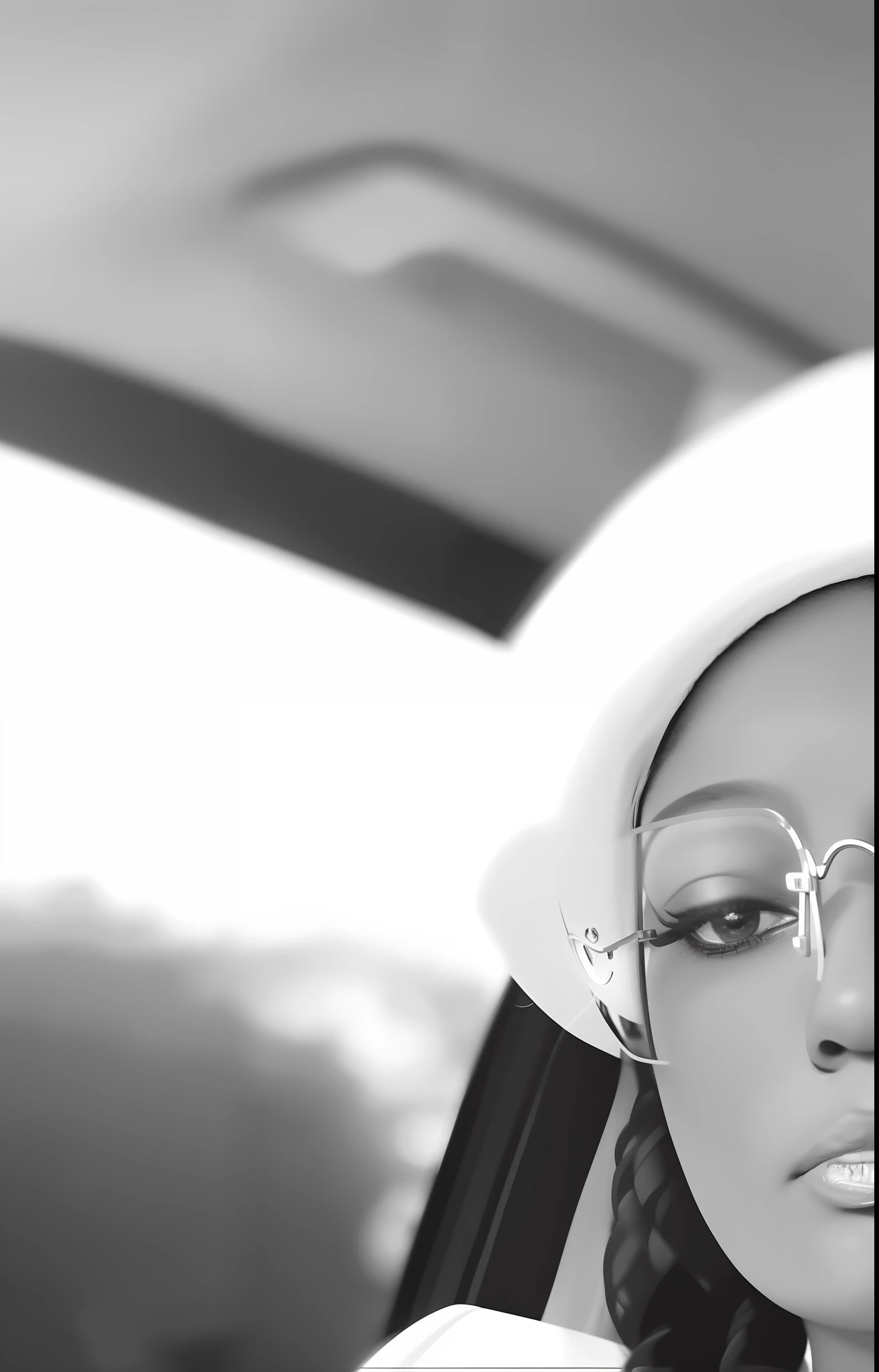 Woman with braids in a car wearing a White hat and glasses, taken in the early 2020s, wearing white suit and glasses, B&w foto, imagem em preto e Branco, Monochrome photo, ☁🌪🌙👩🏾, foto em alta, Directed by: Jeka Kemp, em estilo de nadine ijewere, Dona africana da domme