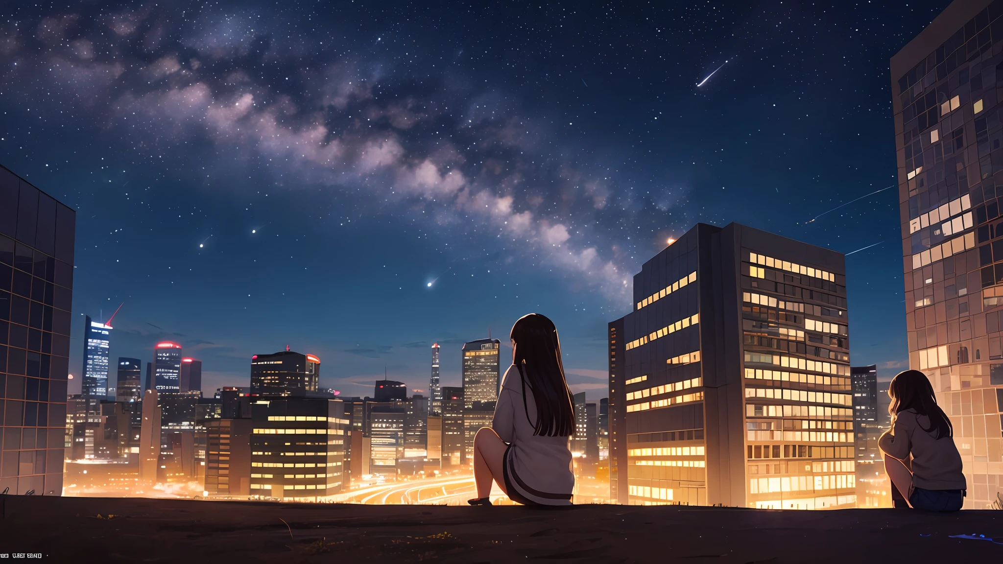 octans, sky, star (sky), scenery, starry sky, night, 1girl, night sky, solo, outdoors, building, cloud, milky way, sitting, tree, long hair, city, silhouette, cityscape