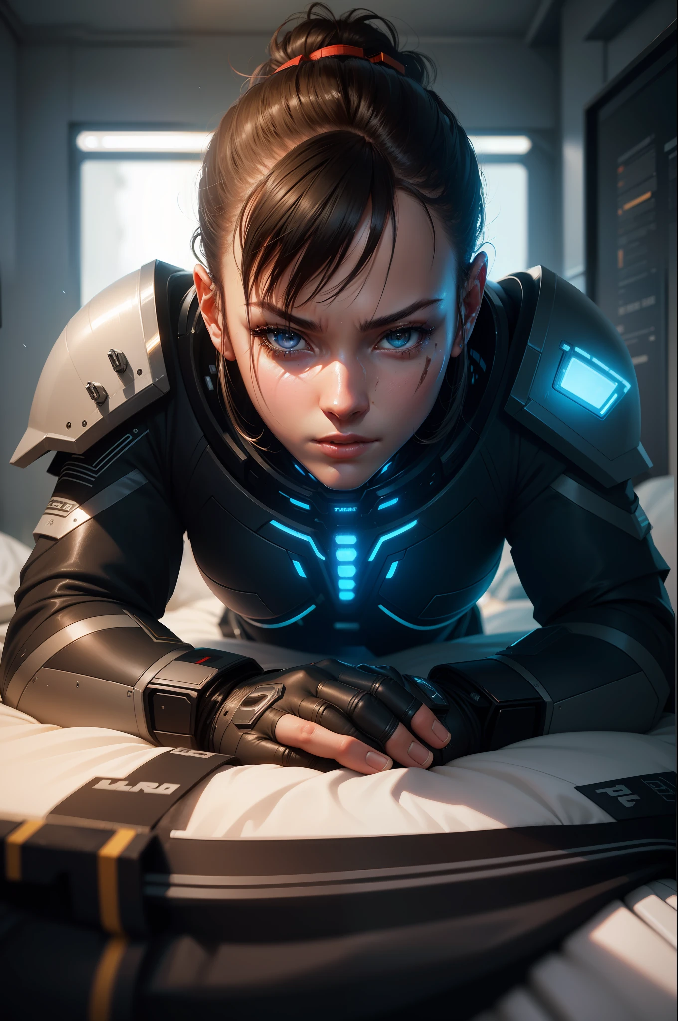 A close-up of a person,cyber suit, Cyber armor, cybersuit, cyber fight armor, wojtek fus, cyberpunk suit, cyber armour, cyber suit, Ross Tran 8 K, science fiction suit, Lie down in bed, wounded,Seriously injured,Lie down in bed