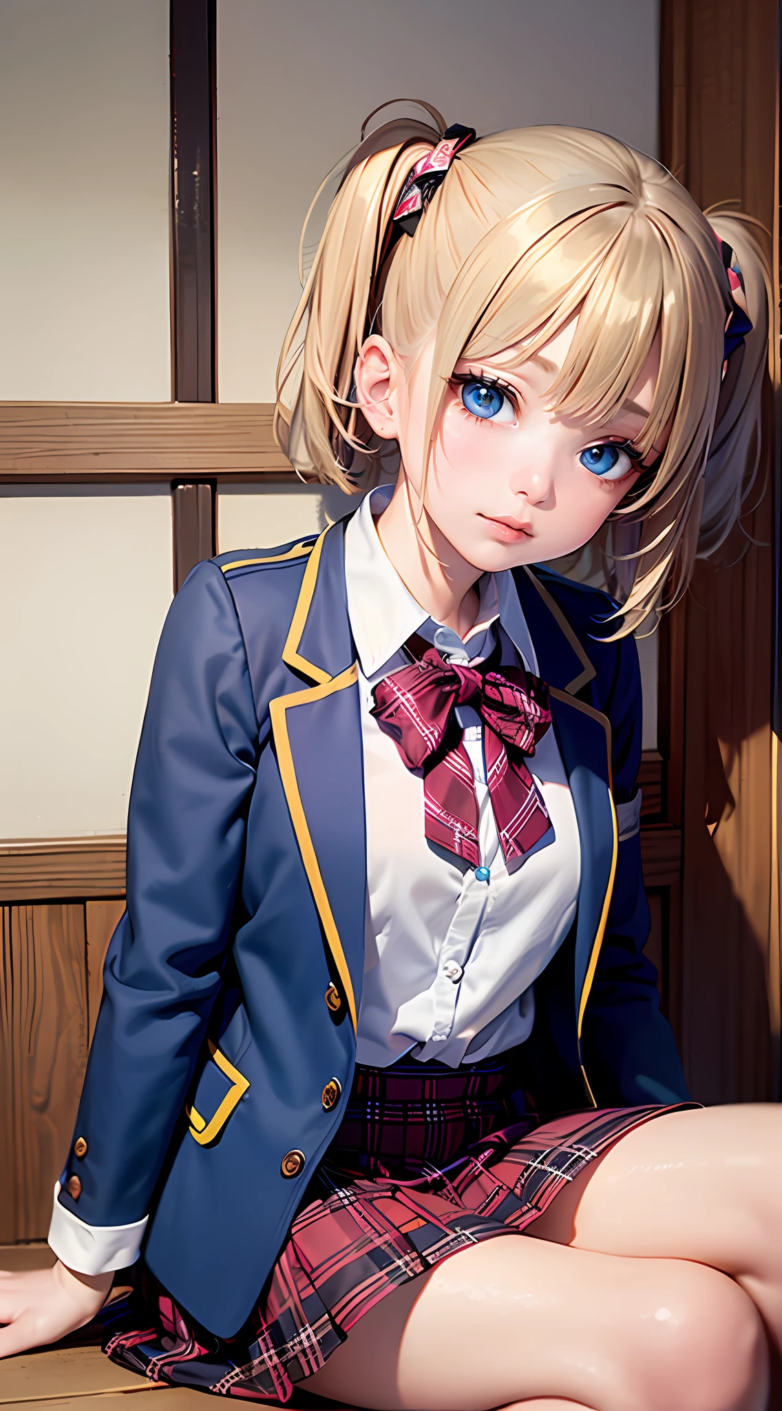 (Masterpiece, Best quality:1.2), Cowboy shot, Solo, 1girll, Takanashi millionaire, Expressionless, Closed mouth, view the viewer, Sitting, one side up, Heterochromia, Blue eyes, school uniform, Jacket, Plaid skirts