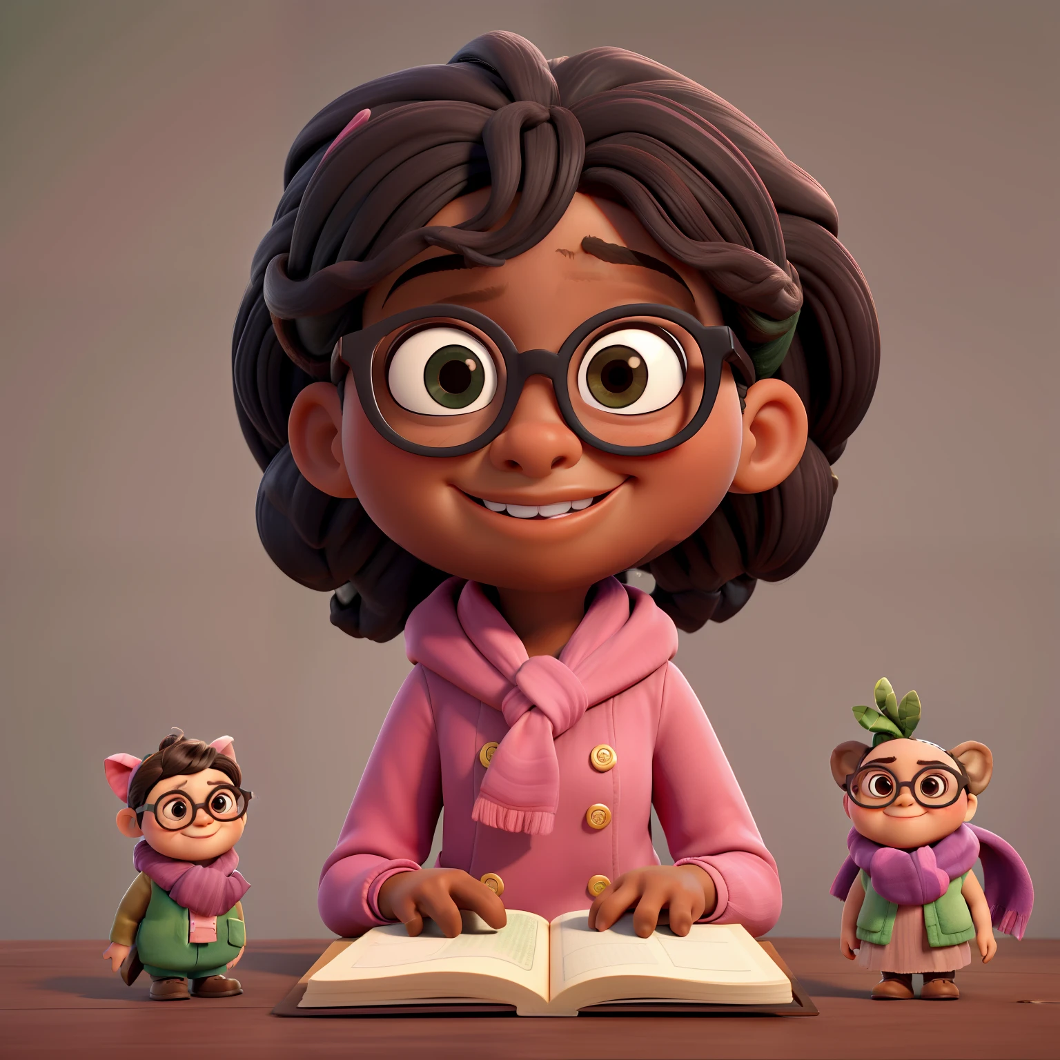 close-up de uma menina preta:2 em........3d, coffee-colored skin:2, with a book in your hands, Chibi Digita | | ,obra-pima, de melhor qualidade, a  with glasses and a scarf, humorous, wearing a pink coat and green scarf,