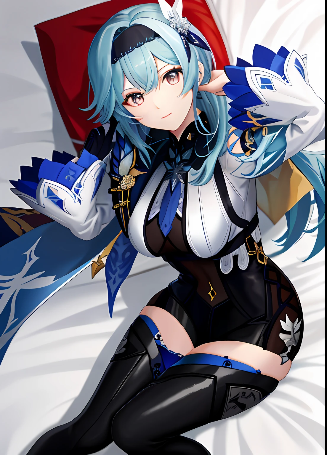 Works of masters,high detal,超高分辨率,Best image quality,8K分辨率,exquisite facial features,s the perfect face,Glowing skin,femele,a beauty girl,solo person,(Lie down in bed),((hands raised overhead)),,Full body wrapping,bold outfit,((Put your hands behind your head)),voluptuous figure