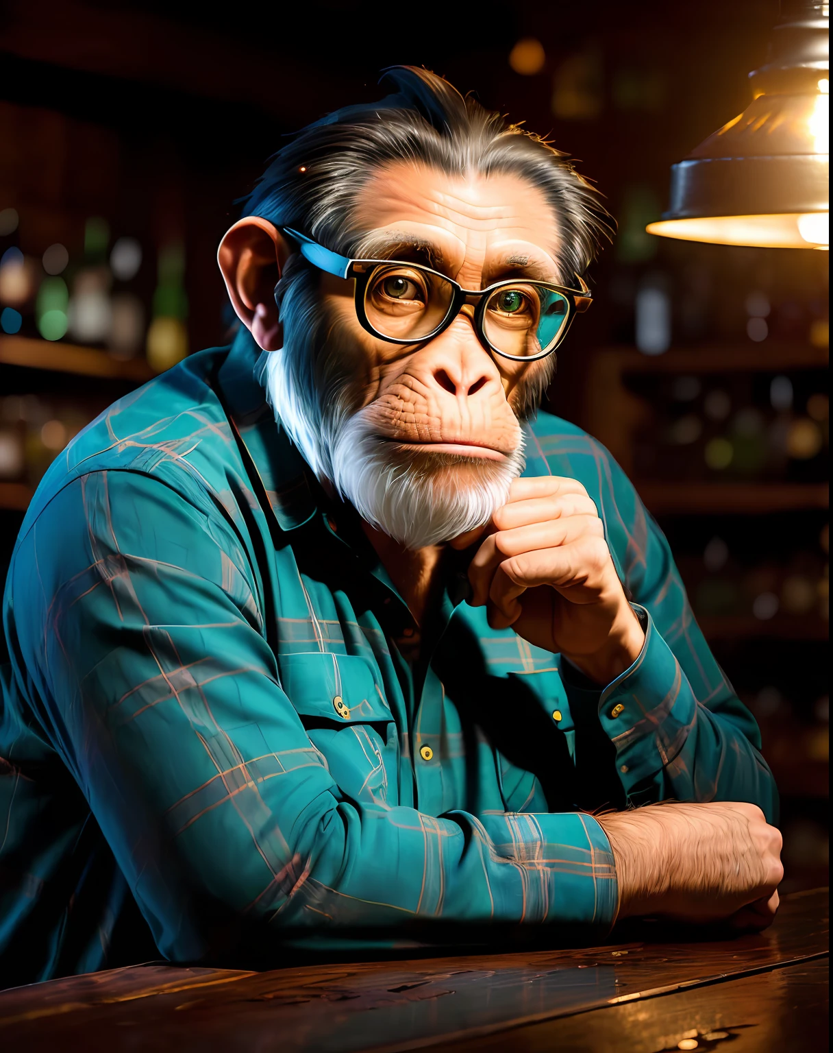 ((best quality)), ((masterpiece)), (detailed), (fantasy art:1.3),A bespectacled hipster chimpanzee, sad in a dark bar, plaid flannel shirt, (rim lighting,:1.4) two-tone lighting, sharp focus, teal tint, highly detailed face, highly detailed skin, (8k:1.2 resolution), dimly lit, low key,