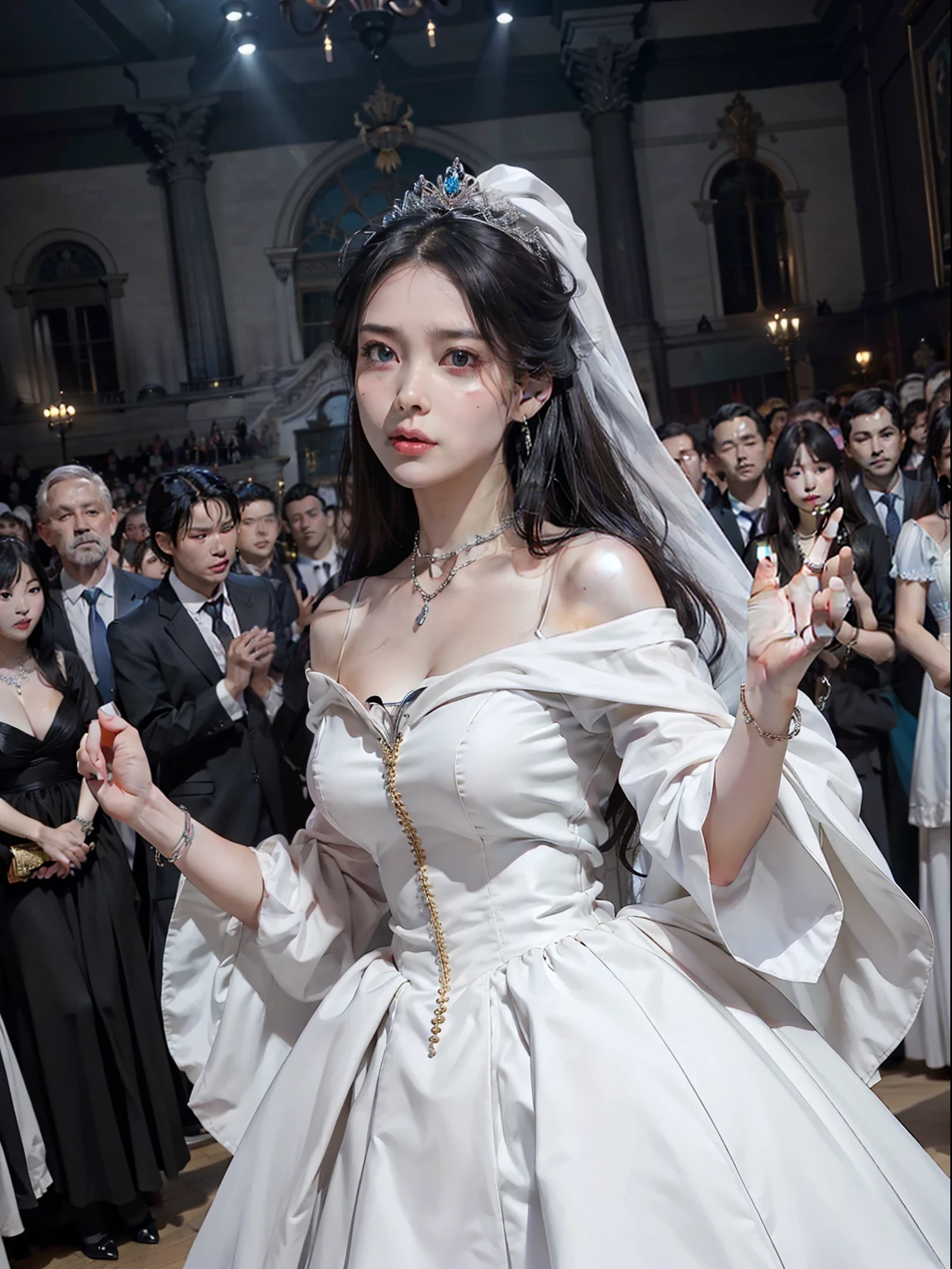 top quality picture　、Buckingham Palace　、Salon　、(((Large crowd of guests)))　、１５century　、very long dress　　、　(((low angles)))　、White luxury costume　、ballroom　、　Collar with rope　　、(((sad Facial expression)))　、full body Esbian、chains　、 Black hair　、chandeliers　、Cowboy Shot　、Dark colored walls　、 shining beautiful skin　 , Sweat　, collar and chain accessories　, beautiful black pupil and hair　, Detailed expression　, beautidful eyes,