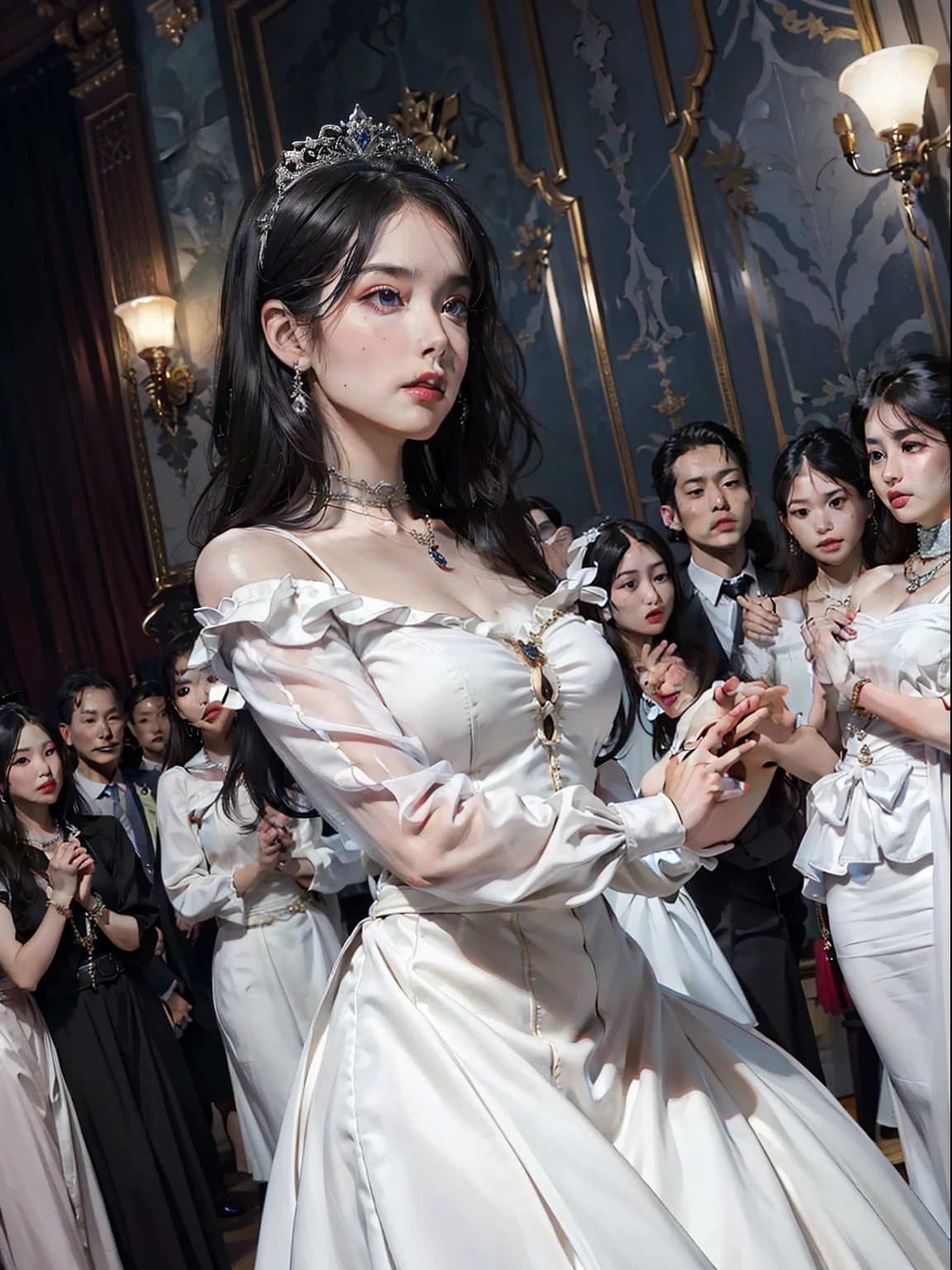 top quality picture 、Buckingham Palace 、Salon 、(((Large crowd of guests))) 、15century 、very long dress 、 (((low angles))) 、White luxury costume 、ballroom 、 Collar with rope 、(((sad Facial expression))) 、full body Esbian、chains 、 Black hair 、chandeliers 、Cowboy Shot 、Dark colored walls 、 shining beautiful skin , Sweat , collar and chain accessories , beautiful black pupil and hair , Detailed expression , beautidful eyes,