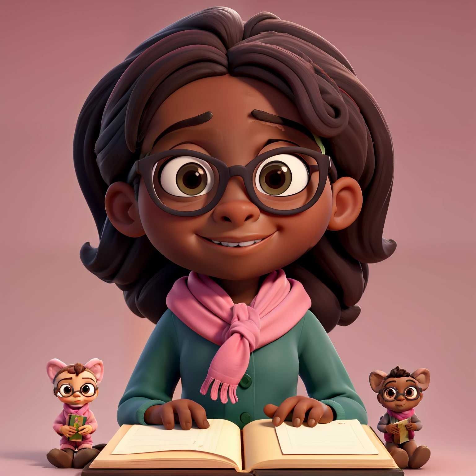 close-up de uma menina preta:2 em........3d, coffee-colored skin:2, with a book in your hands, Chibi Digita | | ,obra-pima, de melhor qualidade, a baby with glasses and a scarf, humorous, wearing a pink coat and green scarf,
