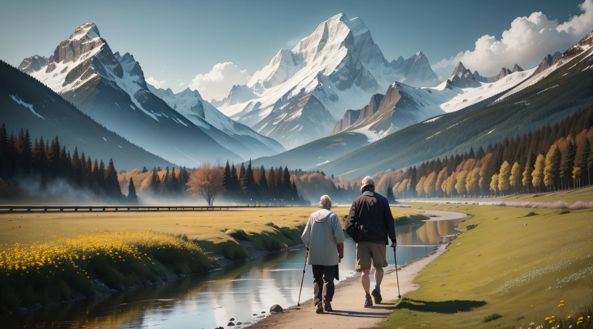 The elderly father walked side by side with his young adult son on crutches, The river flowing next to it testifies to the passing on of life, The majestic peaks in the background symbolize the thickness of fatherly love, The surrounding meadows are blooming with flowers, Motion blur, Depth of field, Silhouette, hyper HD, Masterpiece, 8K