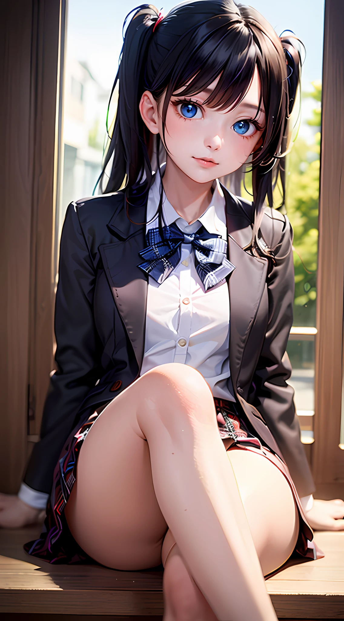 (Masterpiece, Best quality:1.2), Cowboy shot, Solo, 1girll, Takanashi millionaire, Expressionless, Closed mouth, view the viewer, Sitting, one side up, Heterochromia, Blue eyes, school uniform, Jacket, Plaid skirts