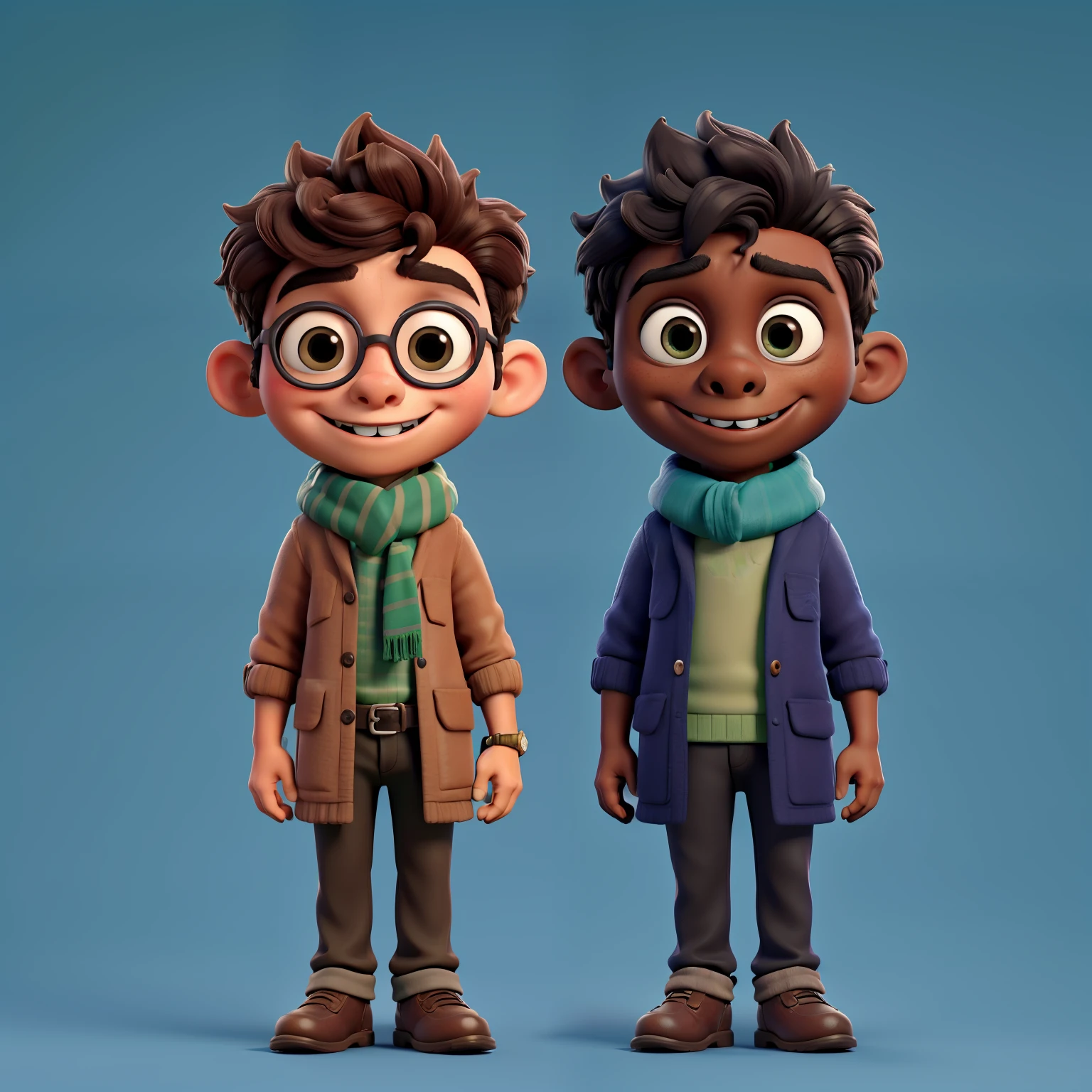 close-up de um boy preta:2 em..........3d, coffee-colored skin:2, with a pen in your hands, Chibi Digita | | | ,Trabalho-PrIMA, de melhor qualidade, a cute boy and a scarf, humorous, wearing a blue coat and green scarf,