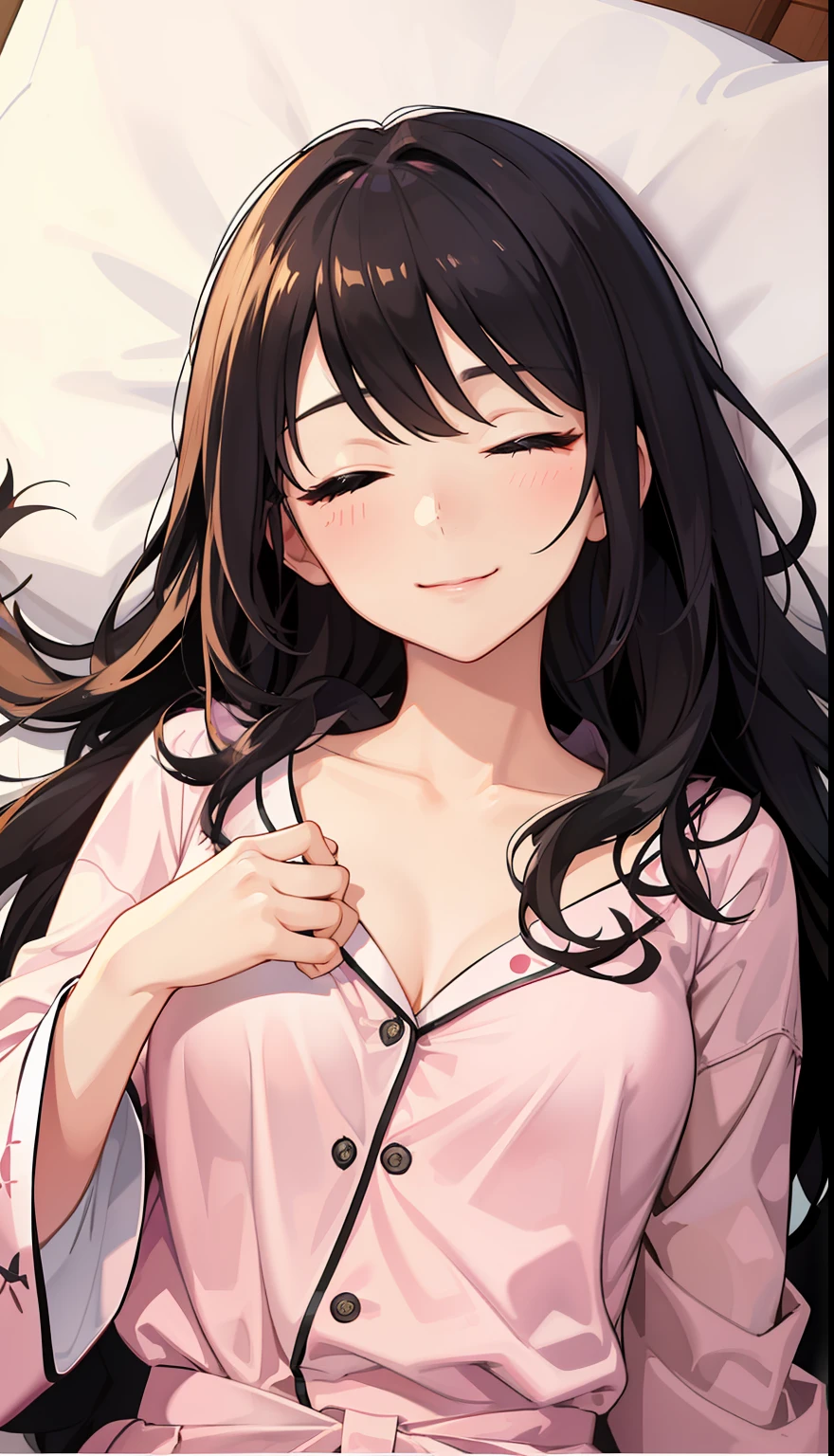 1girl in、A smile、A delightful!　Cute Pajamas、dressing gown、（small tits）、Sleeping in large letters、Upper body portrait、
