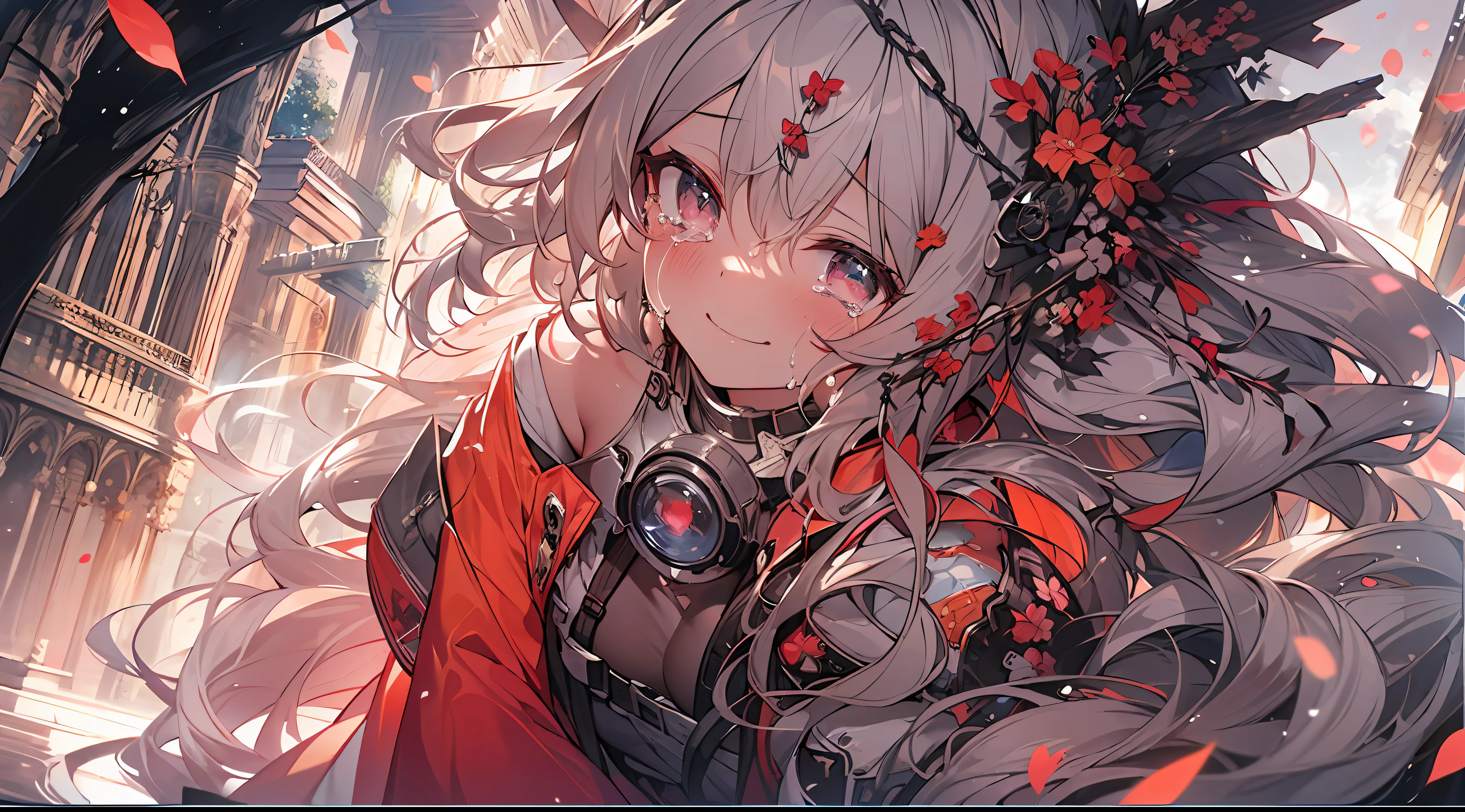 kneeling to sitting on the ground，(tosen)，(((Cry)))，((There were tears in the air))，(Lots of tears)，Big teardrops，Broken sky，(Red sky)，Surrounded by ruins，废墟，Gravel suspended in the air，(twogirls)，an Quority((The body is broken))，disillusionment，((dissipate))，((The half-body turns into petals))，(With a smile)，Looking at another girl，One kneel，In front of the girl，Cry，break one's heart，(Roar to the sky)，whoop，messy  hair，(Ground shots)，down view，((Side view))，((eye closeup))，Big wind，volumettic light，Epic light and shadow effects，Fantastical colors，dream magical，off-world，master painting，Very Fine Detail，Delicate background，(The picture is very tense)，A sense of tension，highly detailed,{best quality}, {{masterpiece}}, {highres}, original, extremely detailed 8K wallpaper,masterpiece, best quality, illustration, beautifully detailed eyes, cinematic lighting,