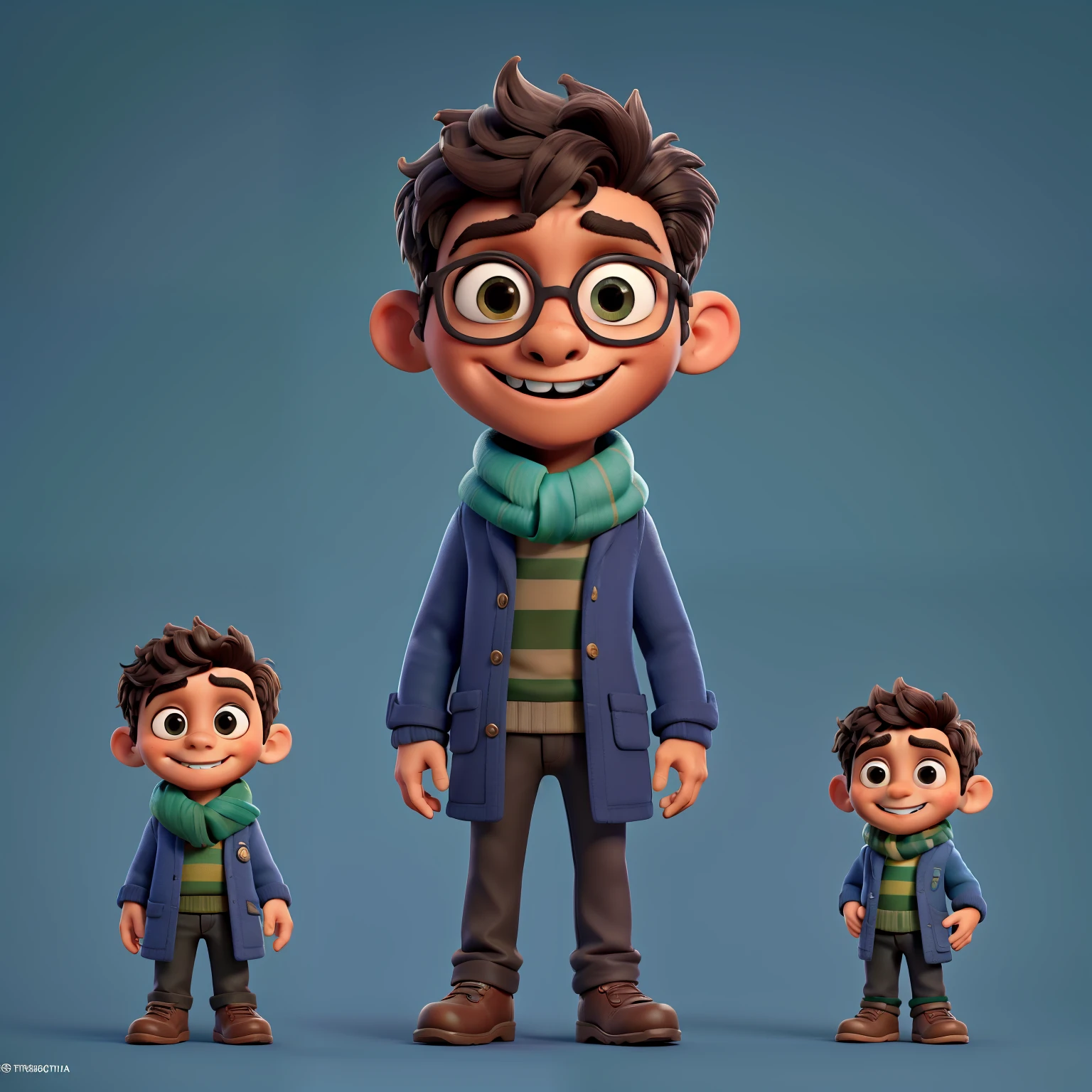 close-up de um boy preta:2 em..........3d, coffee-colored skin:2, with a pen in your hands, Chibi Digita | | | ,Trabalho-PrIMA, de melhor qualidade, a cute boy and a scarf, humorous, wearing a blue coat and green scarf,