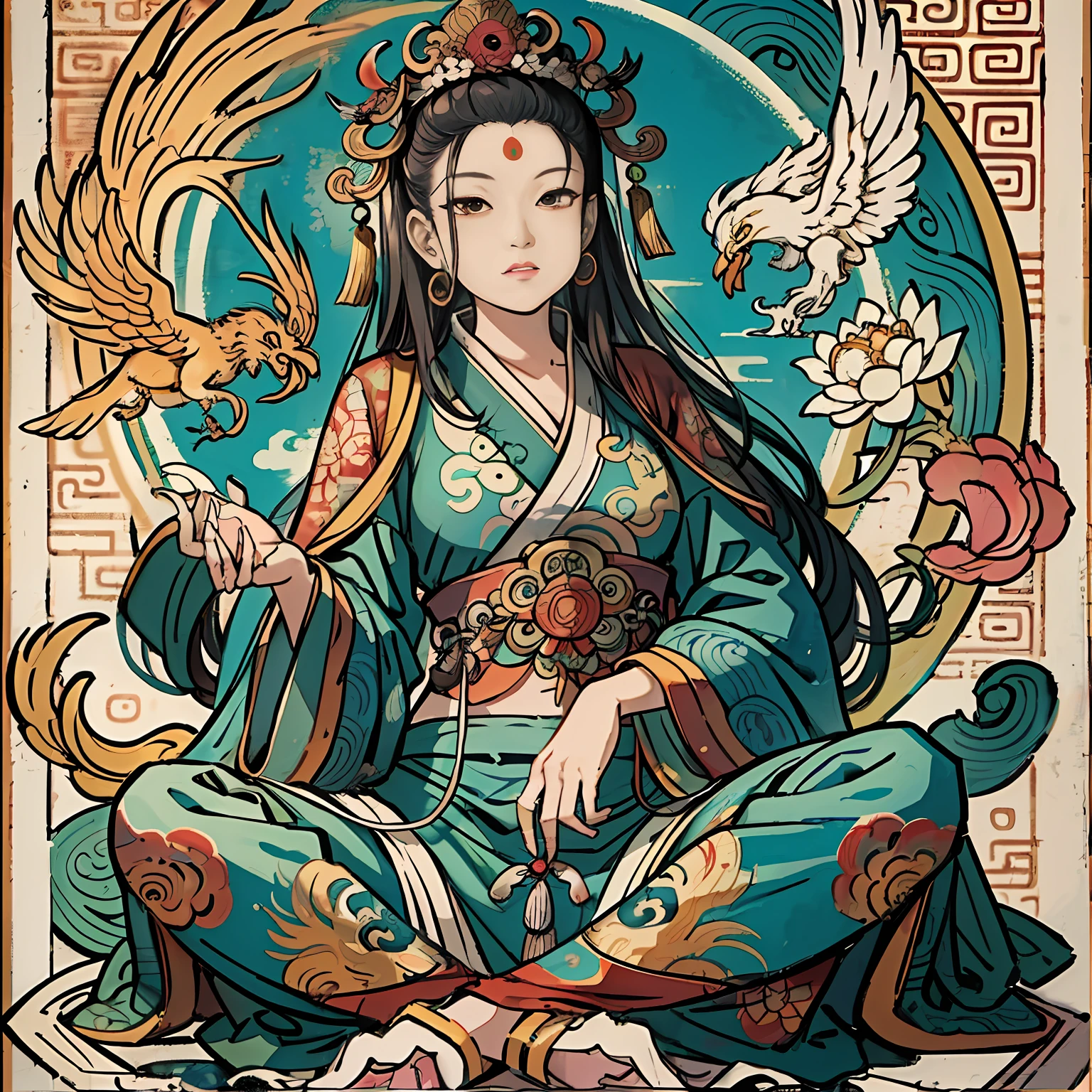 an ancient Chinese goddess, guanyin of the southern seas, Guanyin, Inspired by India, Avalokiteshvara rides a phoenix,,Serene expression,shui mo hua,Buddha,Buddhist,Lotus,Chinese painting style,Thangka style