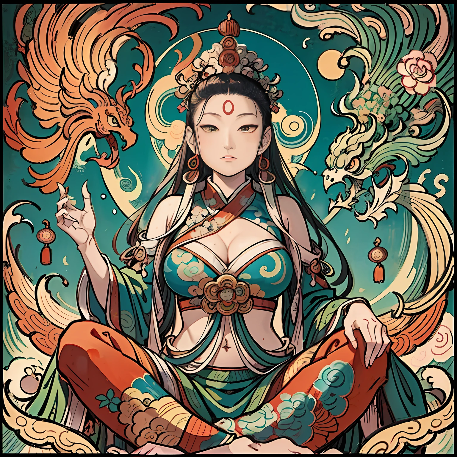 an ancient Chinese goddess, guanyin of the southern seas, Guanyin, Inspired by India, Avalokiteshvara rides a phoenix,,Serene expression,shui mo hua,Buddha,Buddhist,Lotus,Chinese painting style,Thangka style