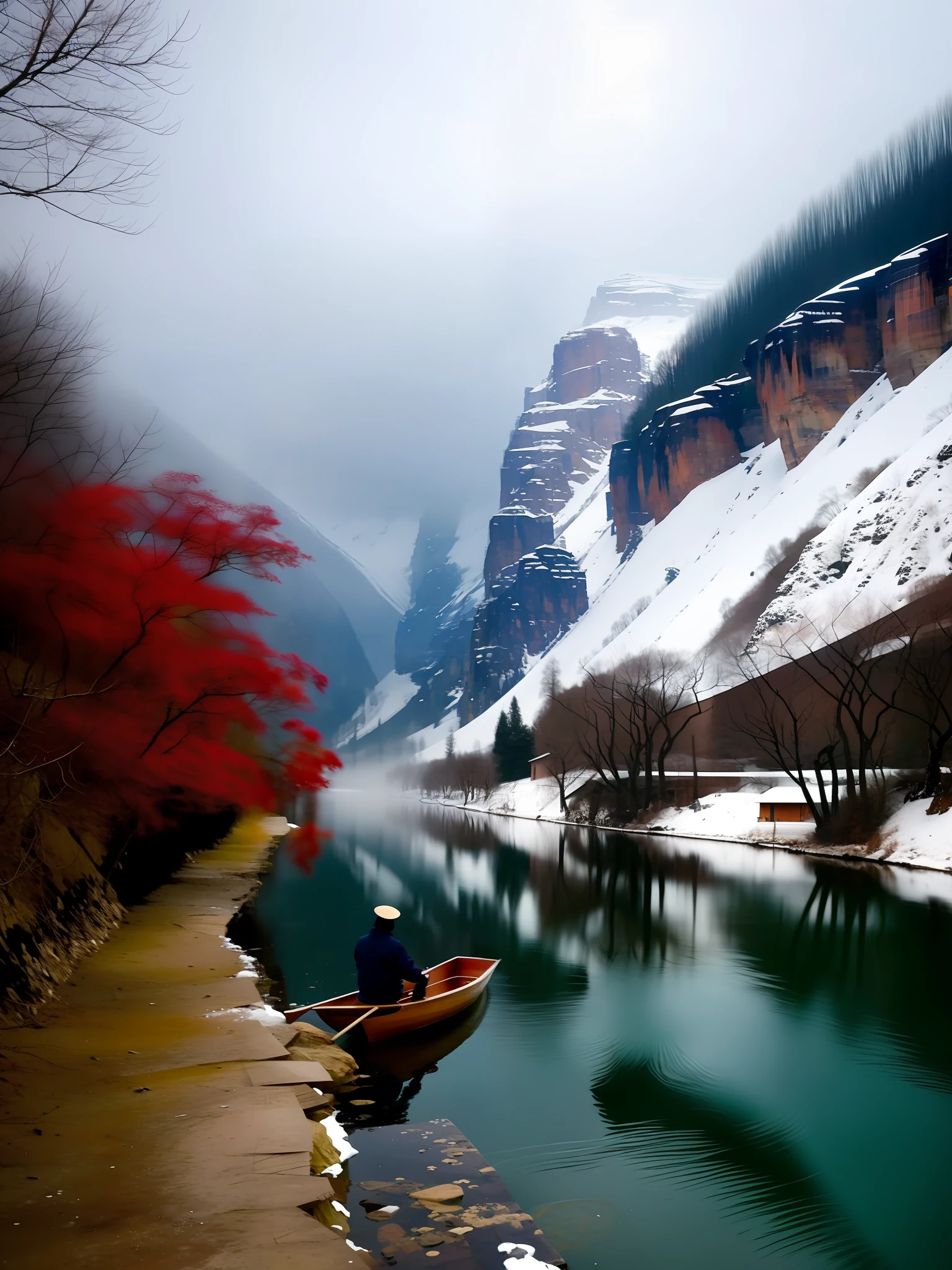 On a cold winter evening,We came to a peaceful river。The river water condensed into ice,Covered with a layer of white snow。The mountains in the distance are shrouded in mist,It's like an ink painting。In this tranquil picture,We saw an elderly fisherman,He wore a gown,Wear a cape on your head,Sitting in a small boat。The wooden oars on the boat gently paddle across the river,Silently。
The fisherman's face revealed traces of time,His eyes were deep and serene,It seems to see through the hustle and bustle and glitz of the world。He sat quietly on the boat,Focus on fishing。His hand gently threw the hook,Then wait quietly。Snowflakes fell on his robe,But he didn't seem to care,Focus only on your own fishing。
The surrounding scenery is picturesque,It's like an isolated hideaway。Snowflakes flutter in the air,The river flows on the ice,It forms a fairytale-like picture。The trees in the distance are covered with snow,It's like a fairyland covered in silver。The cold wind blows,There is a faint whistling sound,But that doesn't break the quiet picture。
The picture is full of beauty of solitude and tranquility。The fisherman was alone,With nature,With river water、snowflower、The mountains are integrated。His existence seems to be part of this world,Blend in with the surrounding scenery。This image makes people feel the power of nature and the beauty of tranquility,It also makes people think about the relationship ween man and nature,and inner peace and calm。
It's an intoxicating picture,Immerse yourself in it,Feel the magic and wonderfulness of nature。It is reminiscent of the poet Wang Zhixiao《Climb the Stork House》Famous sentences in :"The days are over,The Yellow River flows into the sea。Desire to be poor,Bet。"It's like a revelation,Let people think about the meaning of life and the direction of pursuit。