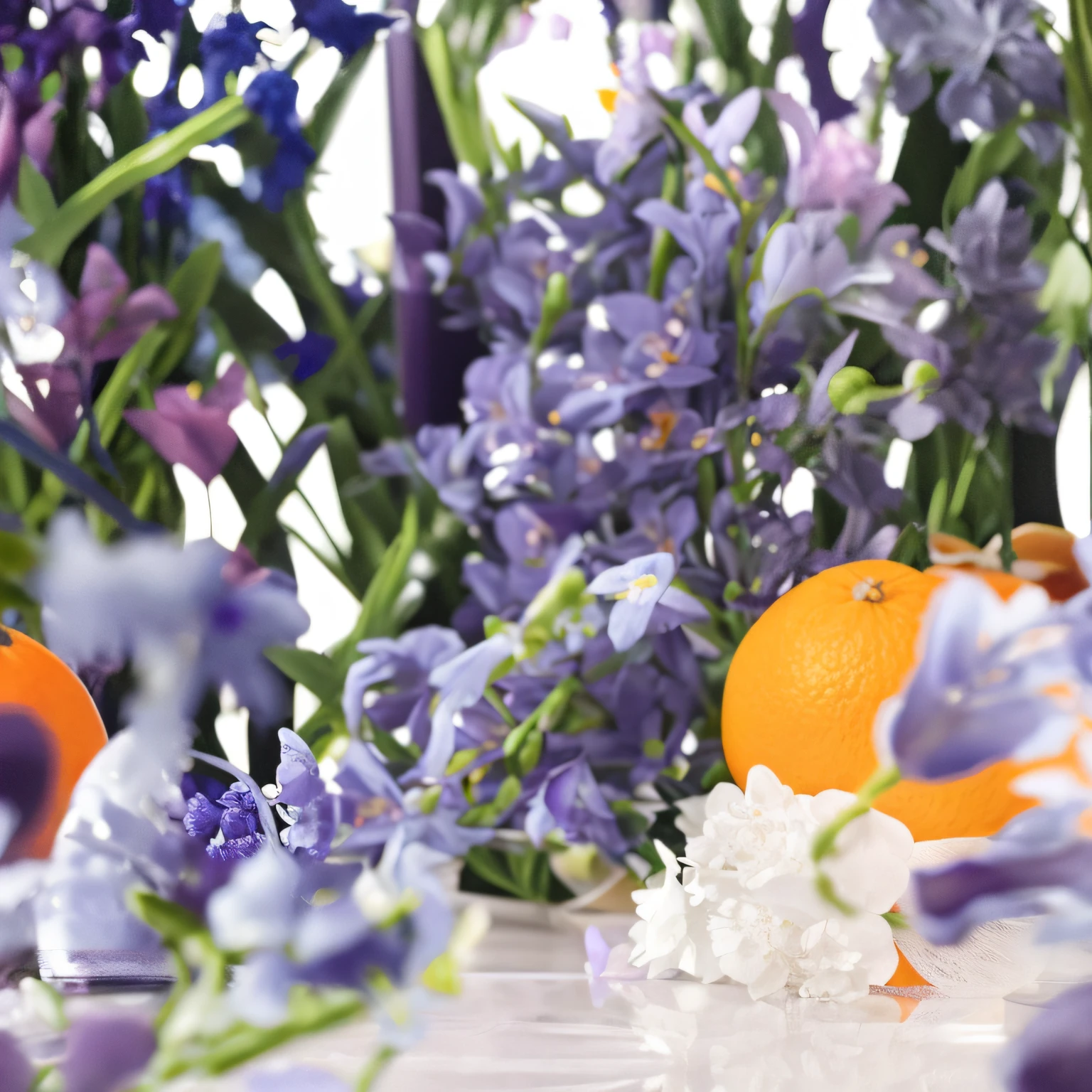 Purple flowers and oranges in vases,The vase has white and blue flowers, Orange and purple color scheme, edible flowers, Some purple and orange, some orange and purple, Dark purple and orange, Violet-orange, Clear detail, Award-winning, Award - Winning, inspired by Jeff Koons, fruit and flowers, delightful surroundings, Inspired by Yves Klein