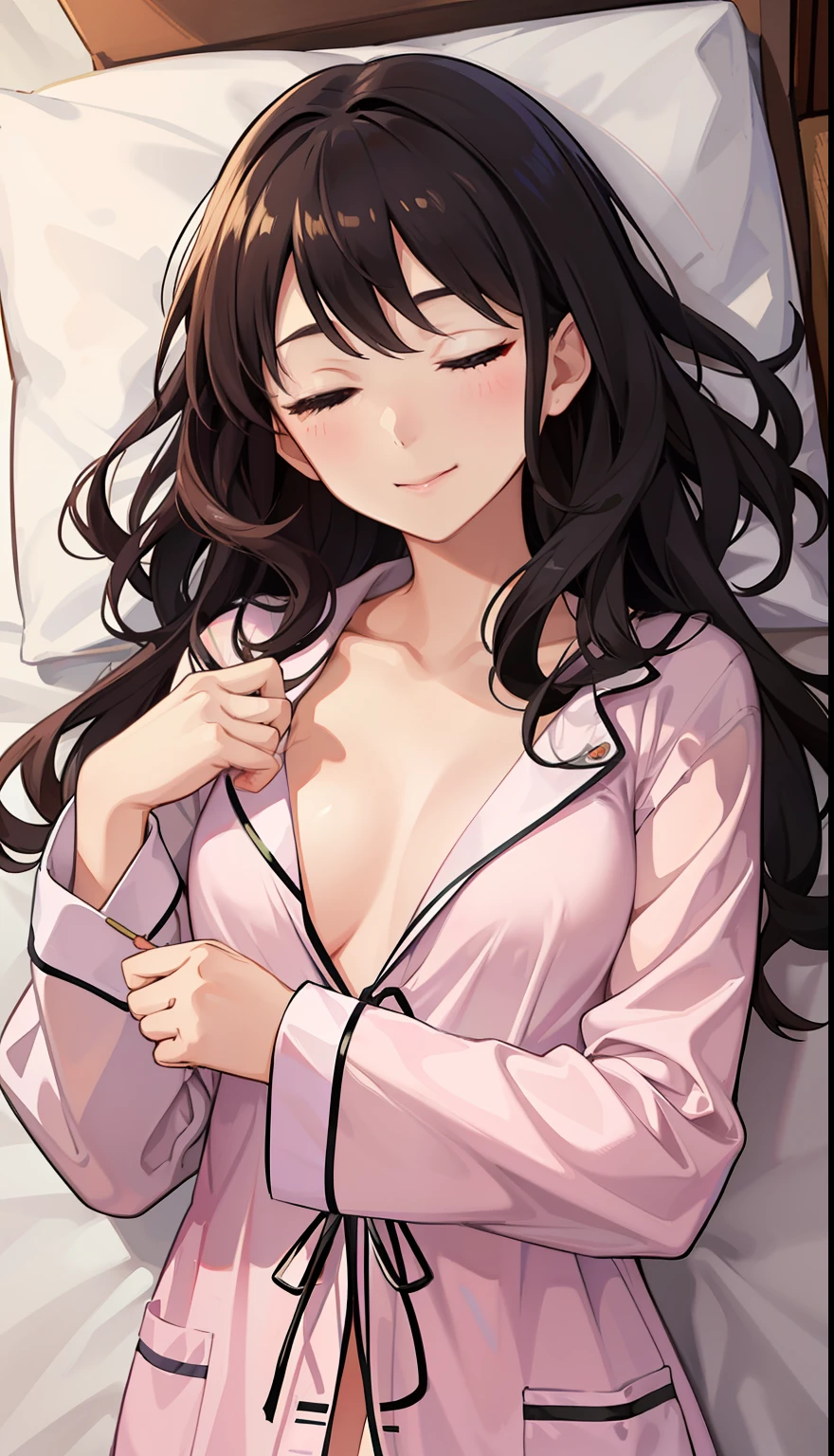 1girl in、A smile、A delightful! Cute Pajamas、dressing gown、(small tits)、Sleeping in large letters、Upper body portrait、