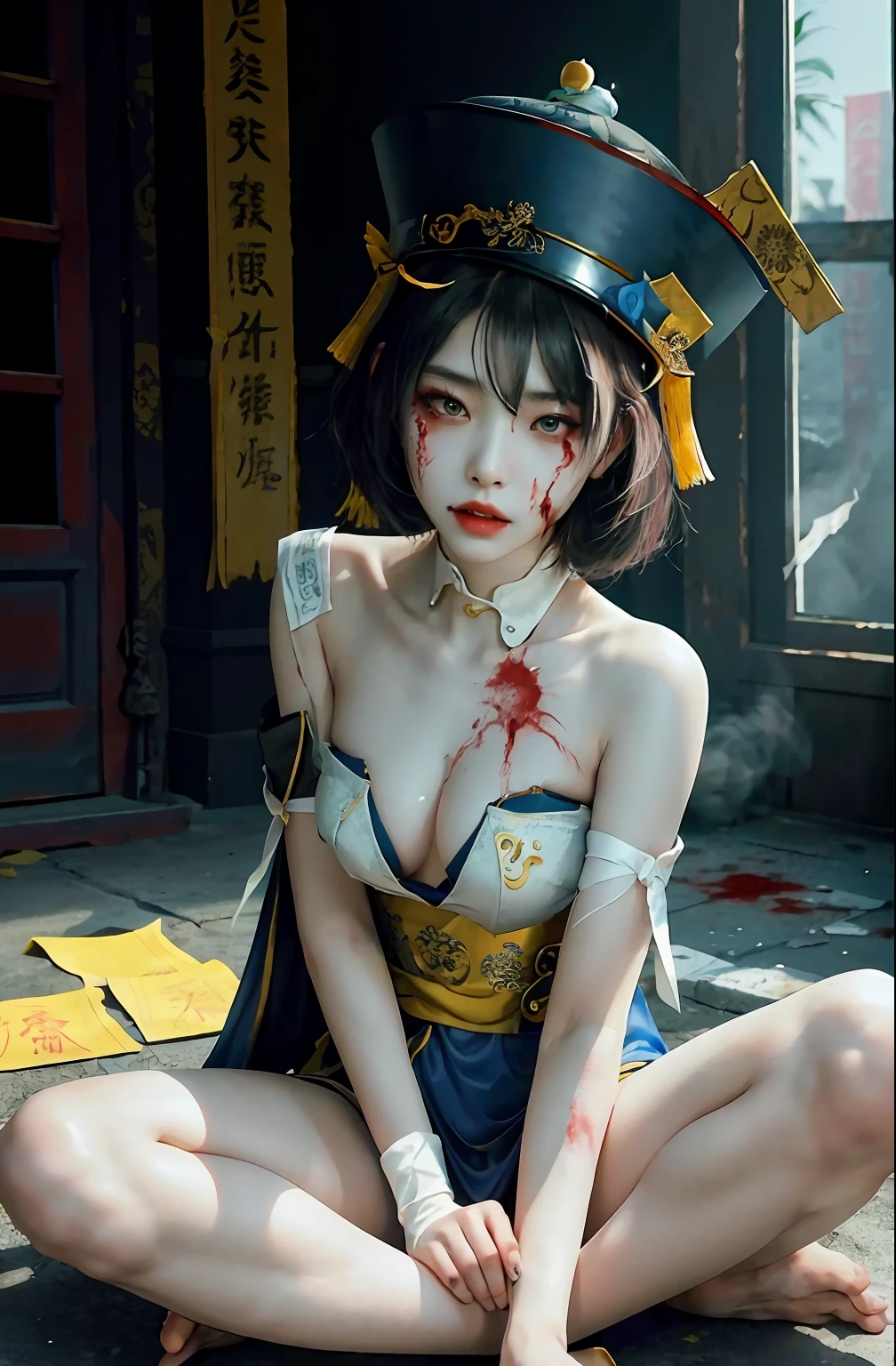 RAW, masterpiece, super fine photo, best quality, super high resolution, realistic, moonlight, night, a beauty, short hair, delicate facial features, perfect face, big breasts, yellow rune paper on the face, a lot of Taoist rune paper pasted on the body, Qing dynasty official hat, white bandages with blood stains wrapped around the whole body, female zombie, Hong Kong Lin Zhengying zombie movie character, sitting on the ground, pale skin, fair skin, shiny skin, vampire teeth, amazing beauty, dynamic pose, delicate face, abandoned warehouse background, messy, Gorgeous, High Detail Skin, Realistic Skin Detail, Sharp Focus, Volumetric Light, 8k UHD, DSLR, High Quality, Film Grain, Realism