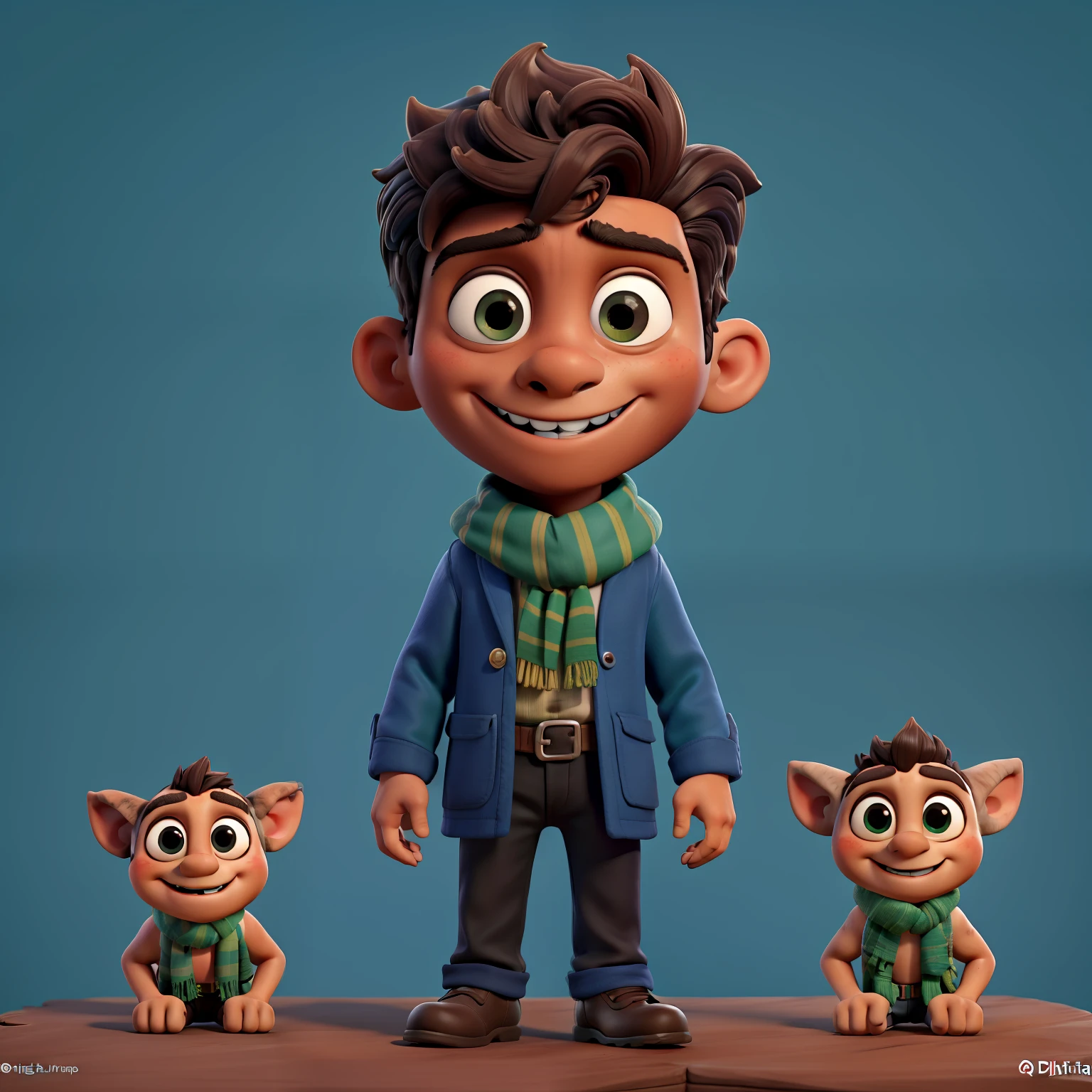 close-up de um boy preta:2 em............3d, coffee-colored skin:2, dando tchau, Chibi Digita | | | | ,Trabalho-PrIMA, de melhor qualidade, a handsome boy and a handkerchief, humorous, wearing a blue coat and green scarf,