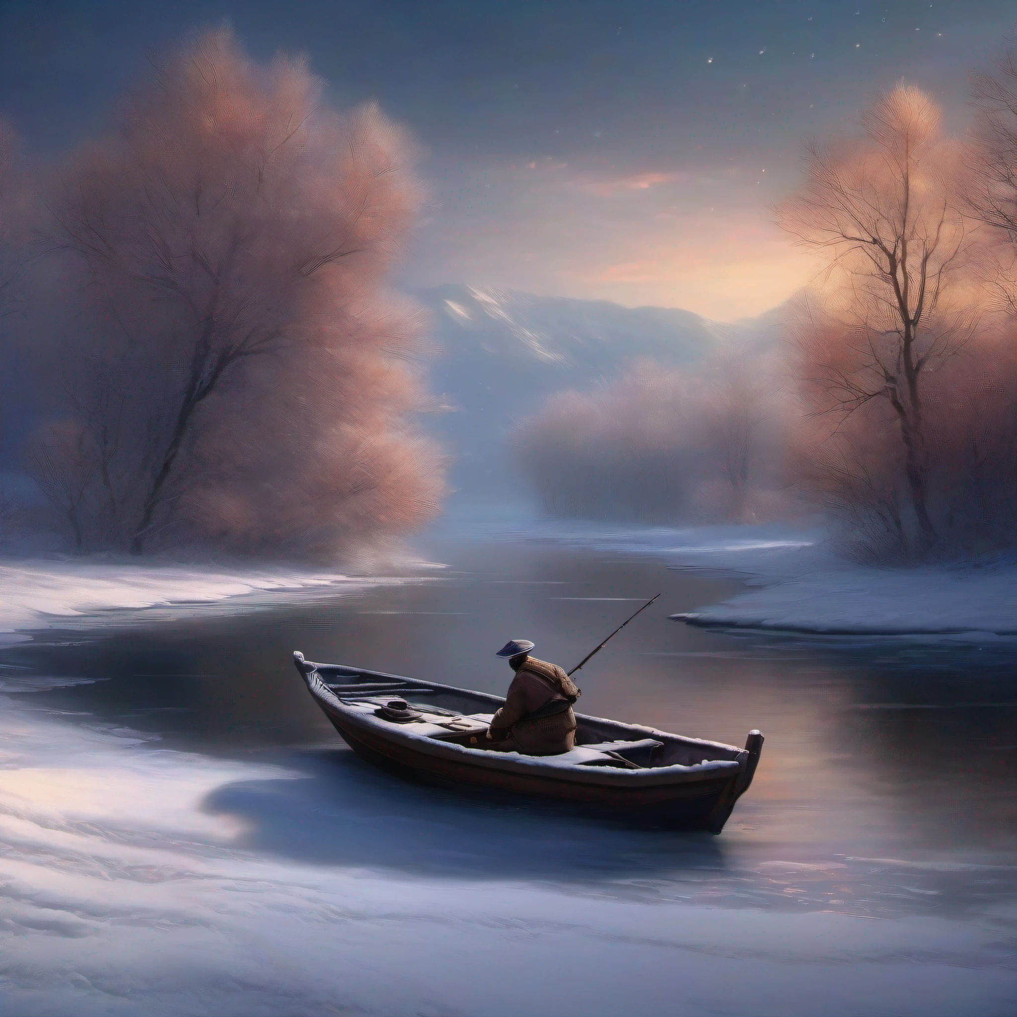 （（best qualtiy））， （（tmasterpiece））， （（Realistis）），On the surface of the river where it snows heavily，A small boat，An old fisherman，Fishing alone in the cold river。The mood is more lonely，Sometimes it's even too lonely，Too deserted，No human pyrotechnics。
