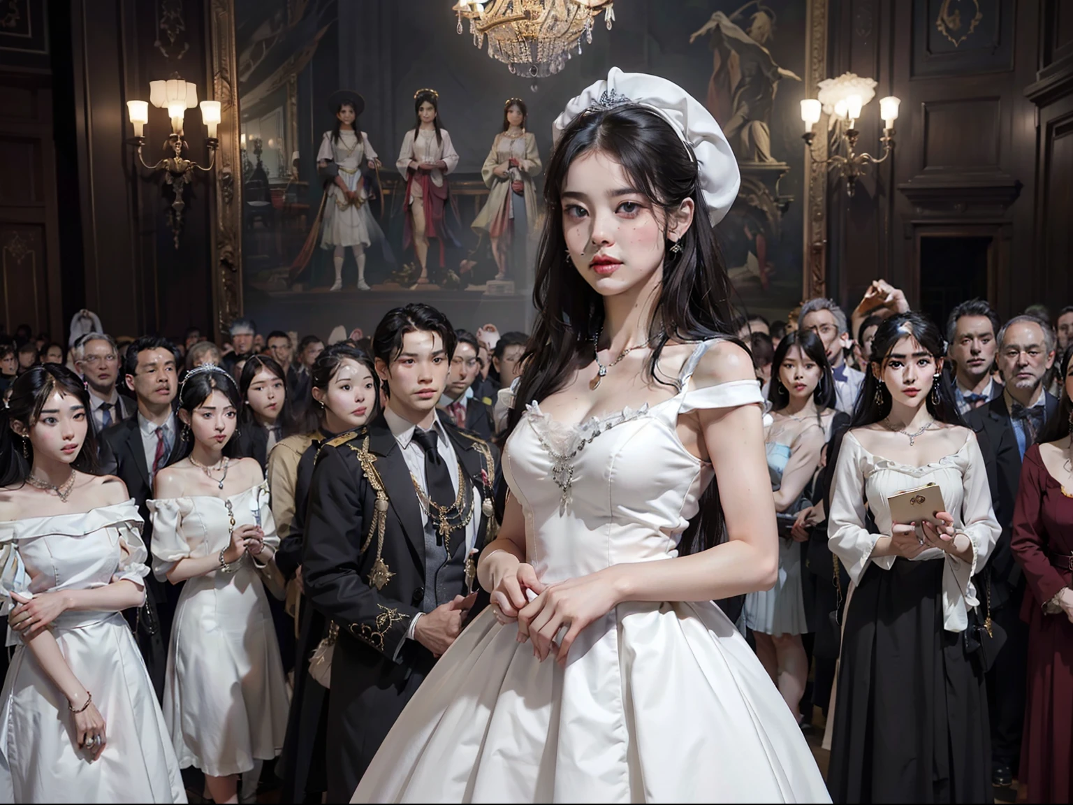 top quality picture 、Buckingham Palace 、Salon 、(((Large crowd of guests))) 、15century 、very long dress 、 (((low angles))) 、White luxury costume 、ballroom 、 Collar with rope 、(((sad Facial expression))) 、full body Esbian、chains 、 Black hair 、chandeliers 、Cowboy Shot 、Dark colored walls 、 shining beautiful skin , Sweat , collar and chain accessories , beautiful black pupil and hair , Detailed expression , beautidful eyes,