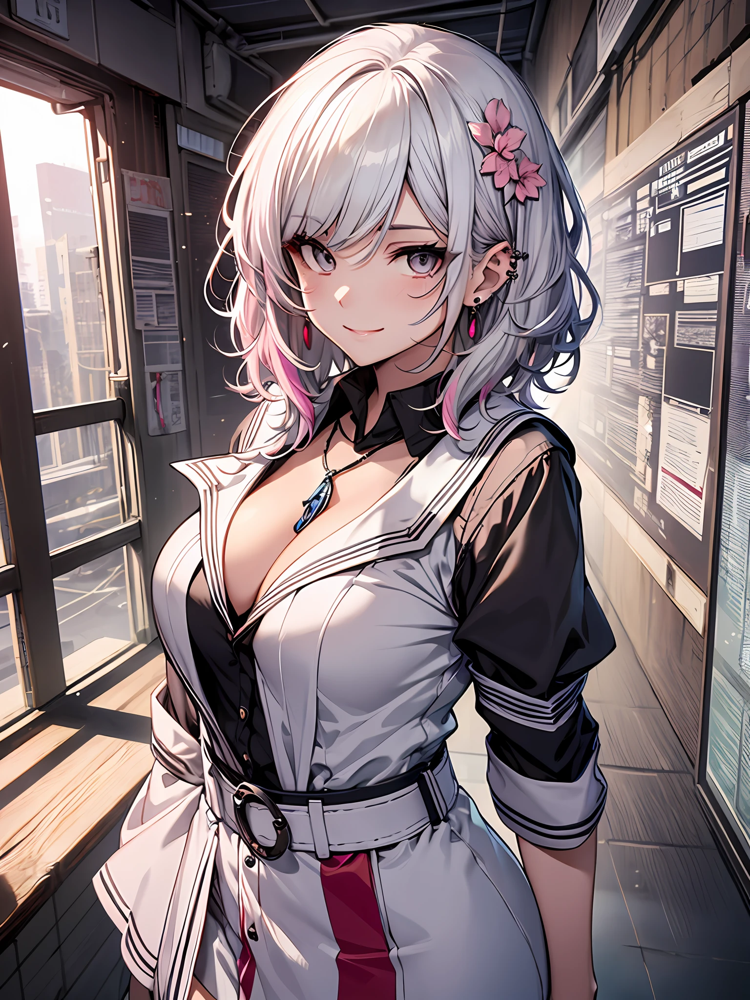 touhou project, realistic, intricate detail, girl,woman,female, young,20 years old, medium hair, bob cut, wavy hair,(white hair:1.5), (pink colored inner hair),delicate and intricate hair, delicate beautiful face, smile, complex details beautiful and delicate eyes, cleavage, zettai_ryouiki, (grey eyes), Authentic skin texture, piercing, Lots of earrings,necklace,((school sailor uniform)) ,(Unreal Engine,Digital Art,the Extremely Detailed CG Unity 8K Wallpapers),